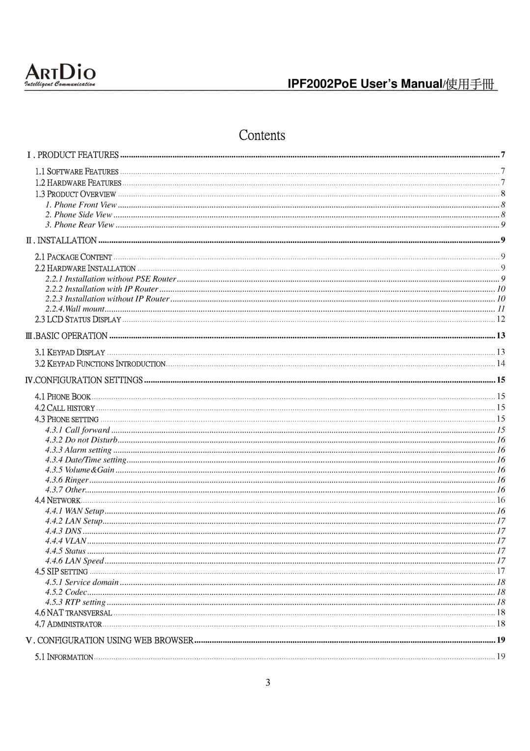 ArtDio IPF2002PoE user manual Contents 