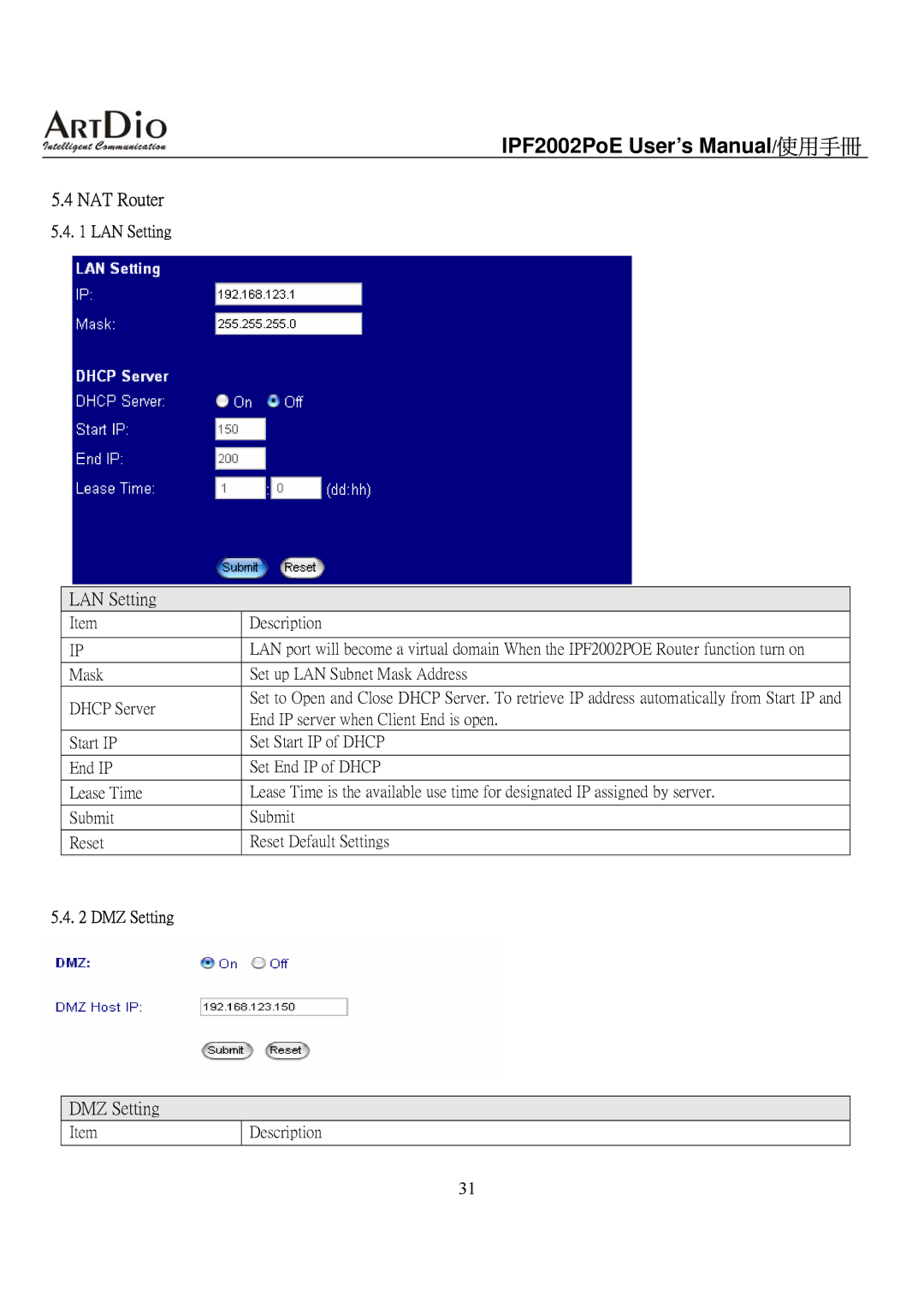 ArtDio IPF2002PoE user manual NAT Router, LAN Setting, DMZ Setting 