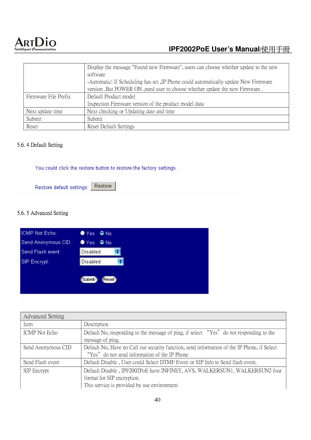 ArtDio IPF2002PoE user manual Default Setting Advanced Setting 