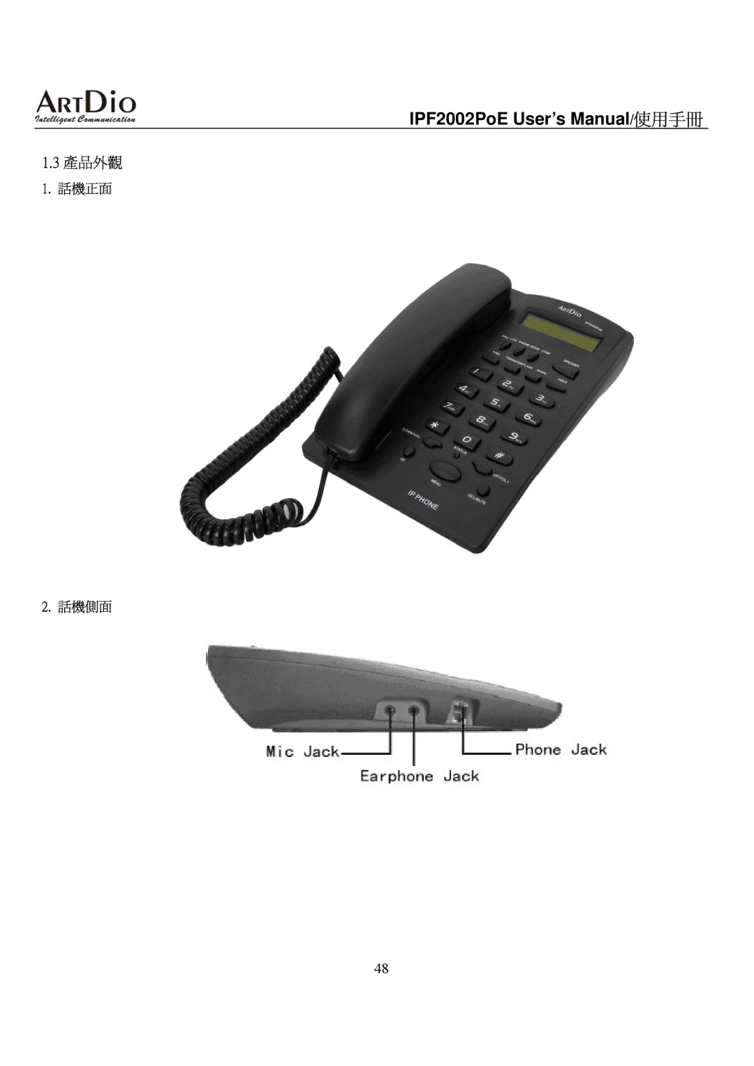 ArtDio IPF2002PoE user manual 產品外觀, 話機正面 話機側面 