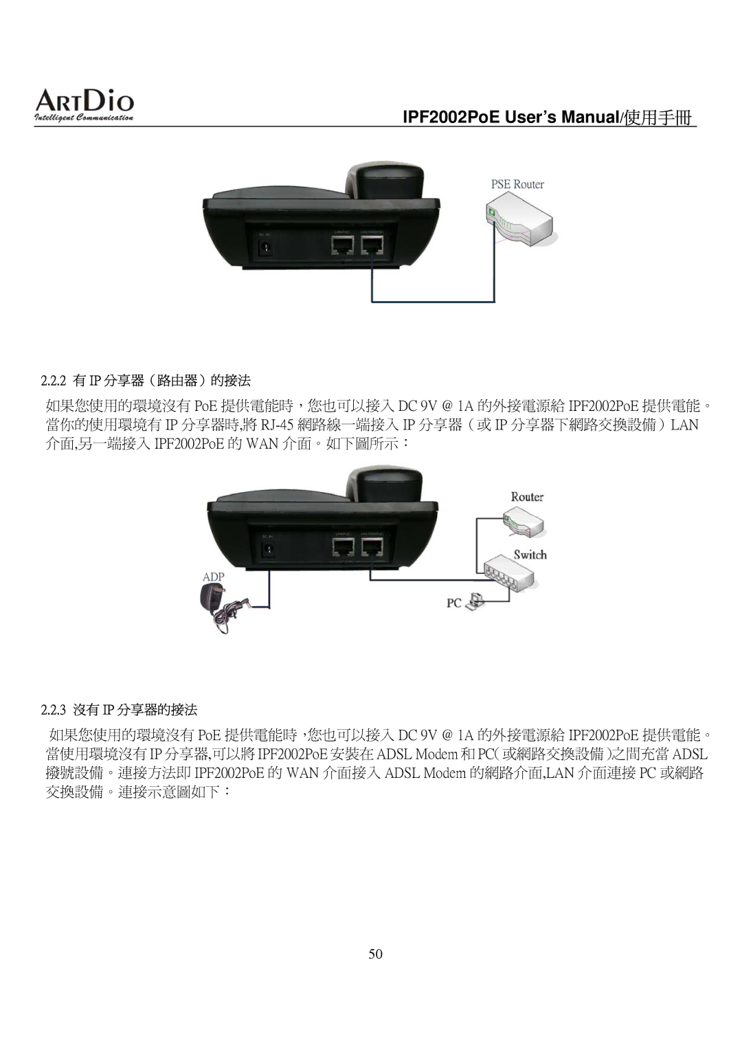 ArtDio IPF2002PoE user manual 2 有 IP 分享器（路由器）的接法, 3 沒有 IP 分享器的接法 