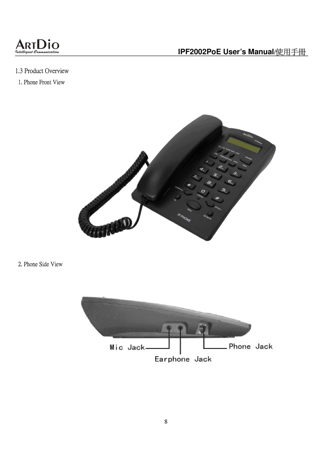 ArtDio IPF2002PoE user manual Product Overview, Phone Front View Phone Side View 