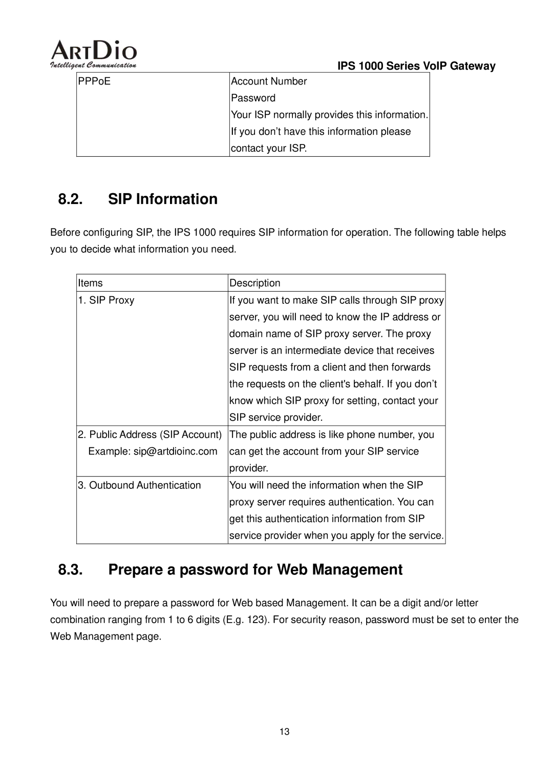 ArtDio IPS 1000 user manual SIP Information, Prepare a password for Web Management 