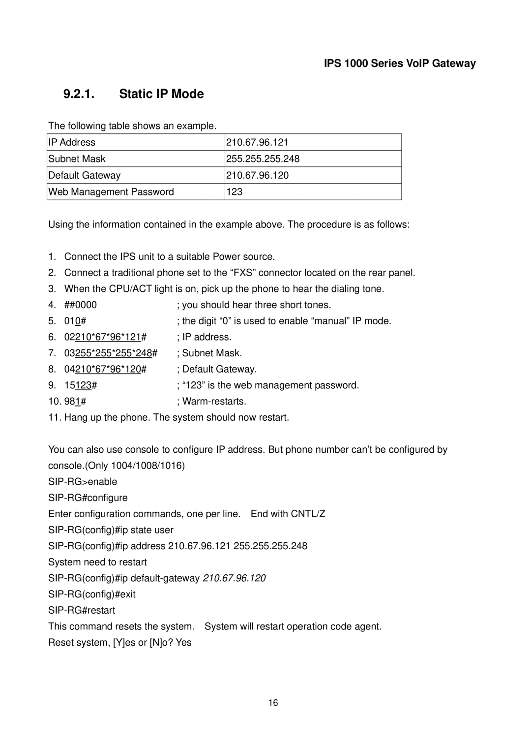 ArtDio IPS 1000 user manual Static IP Mode 