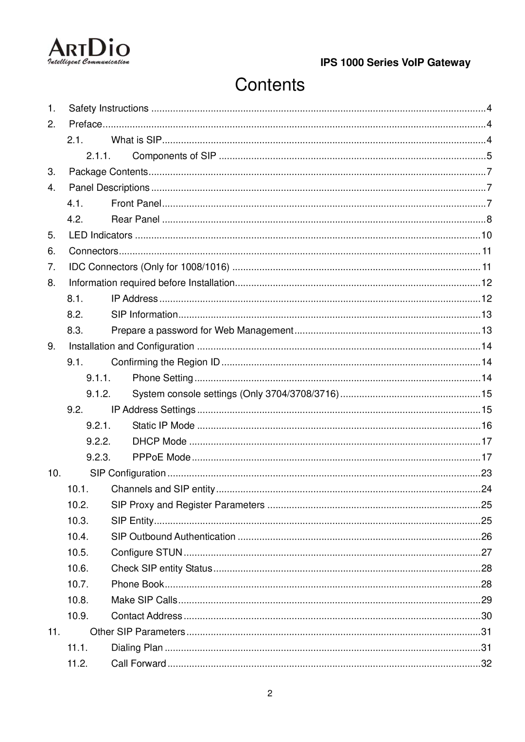 ArtDio IPS 1000 user manual Contents 