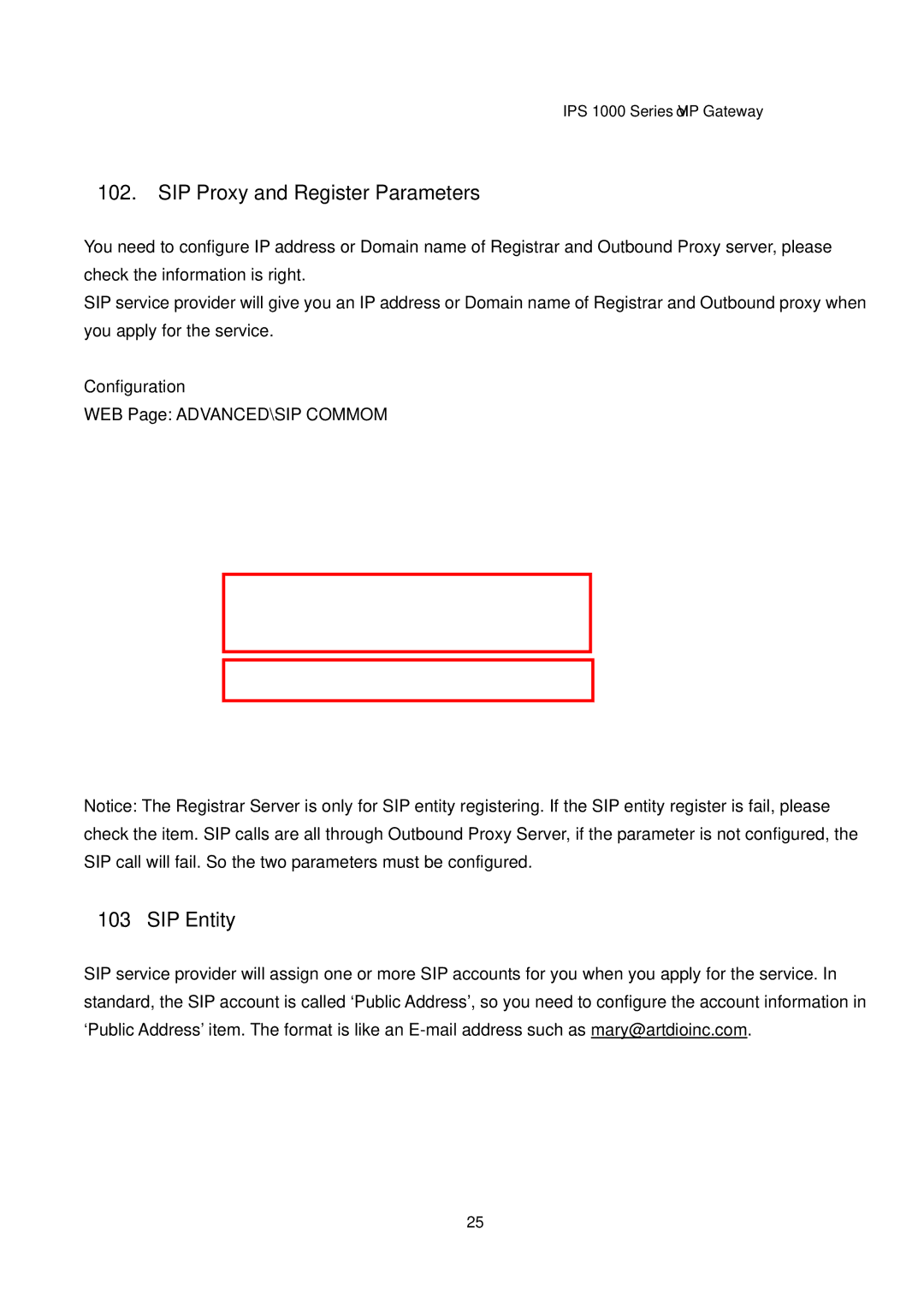 ArtDio IPS 1000 user manual SIP Proxy and Register Parameters, SIP Entity 
