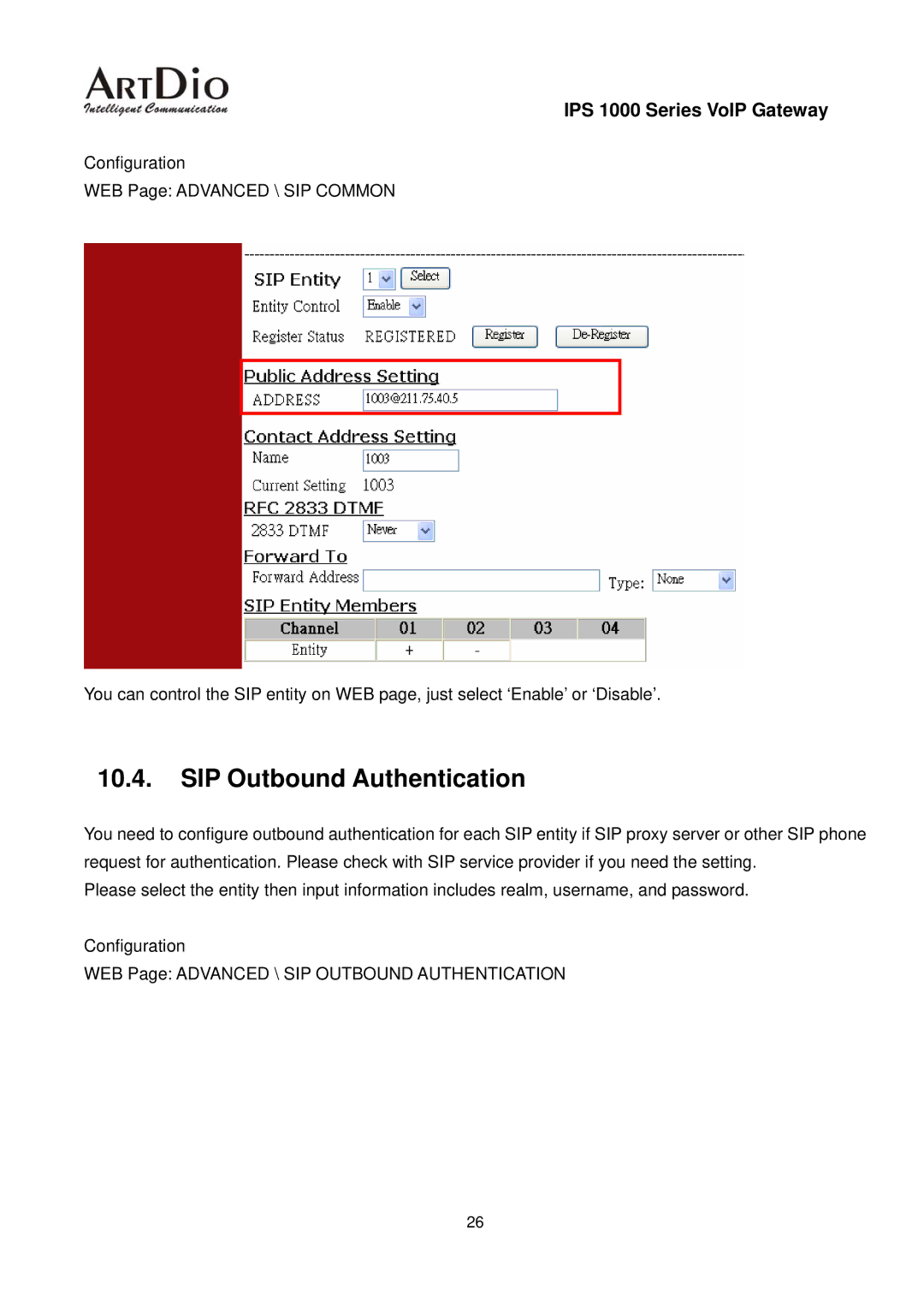 ArtDio IPS 1000 user manual SIP Outbound Authentication 