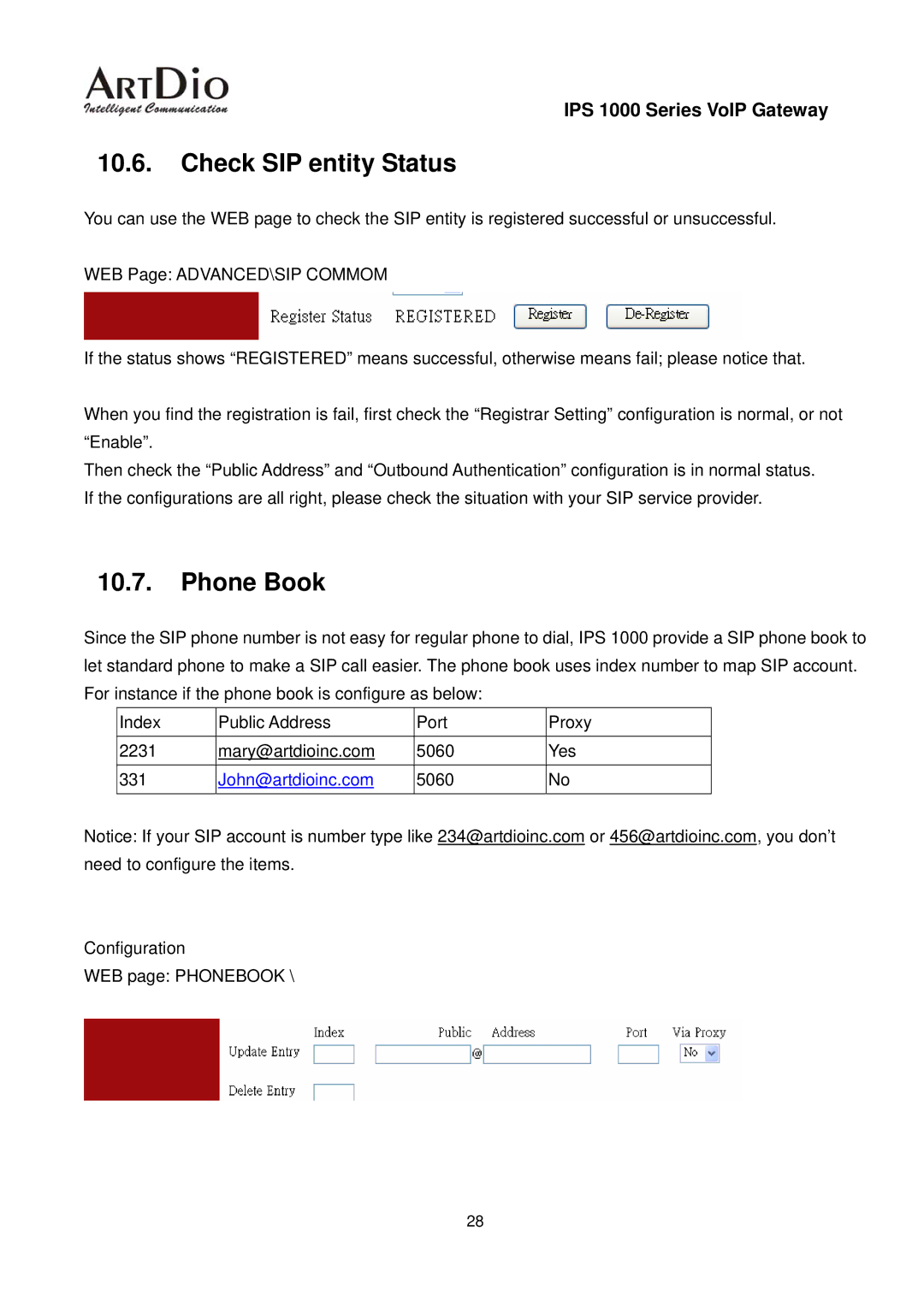 ArtDio IPS 1000 user manual Check SIP entity Status, Phone Book 