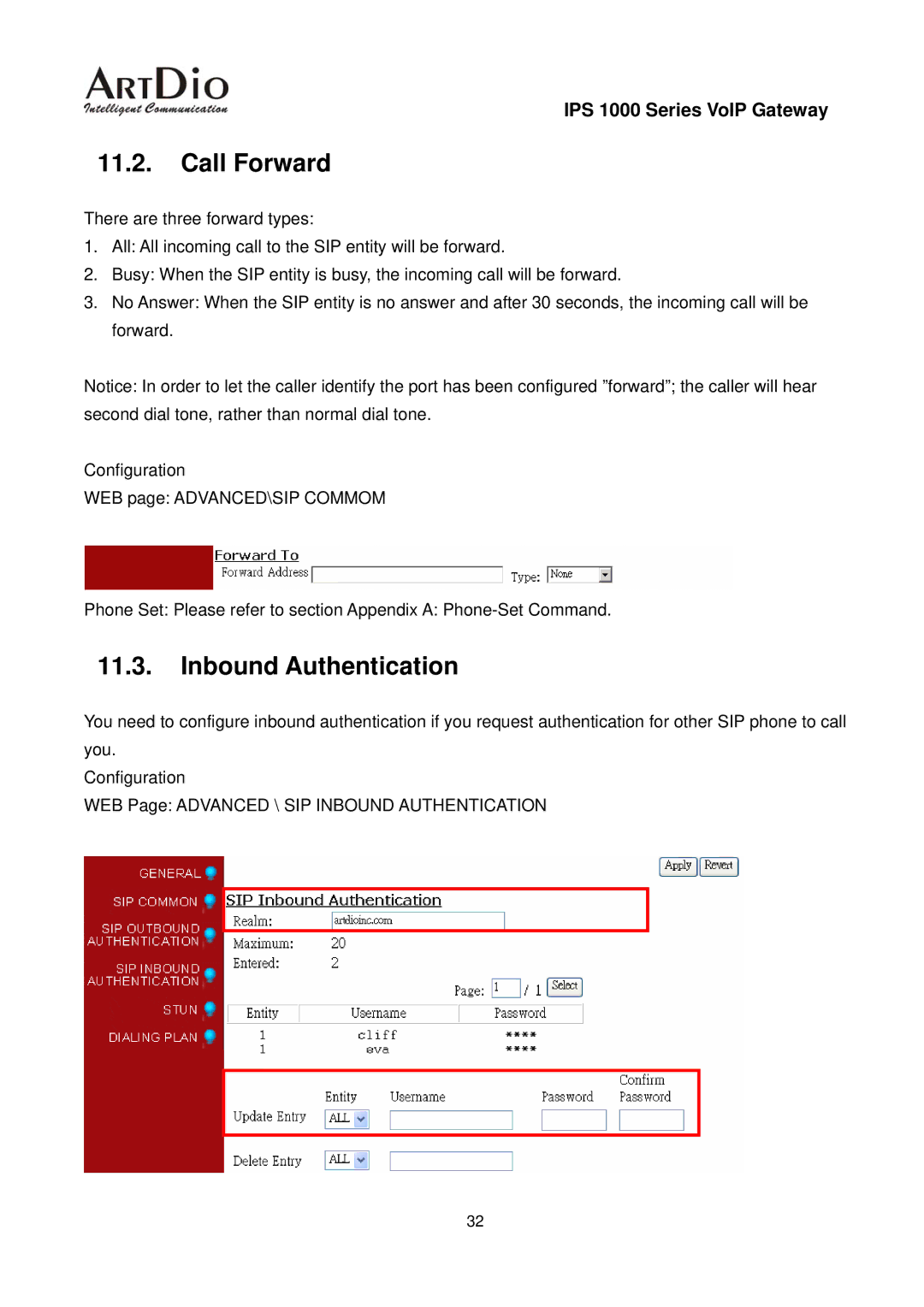 ArtDio IPS 1000 user manual Call Forward, Inbound Authentication 