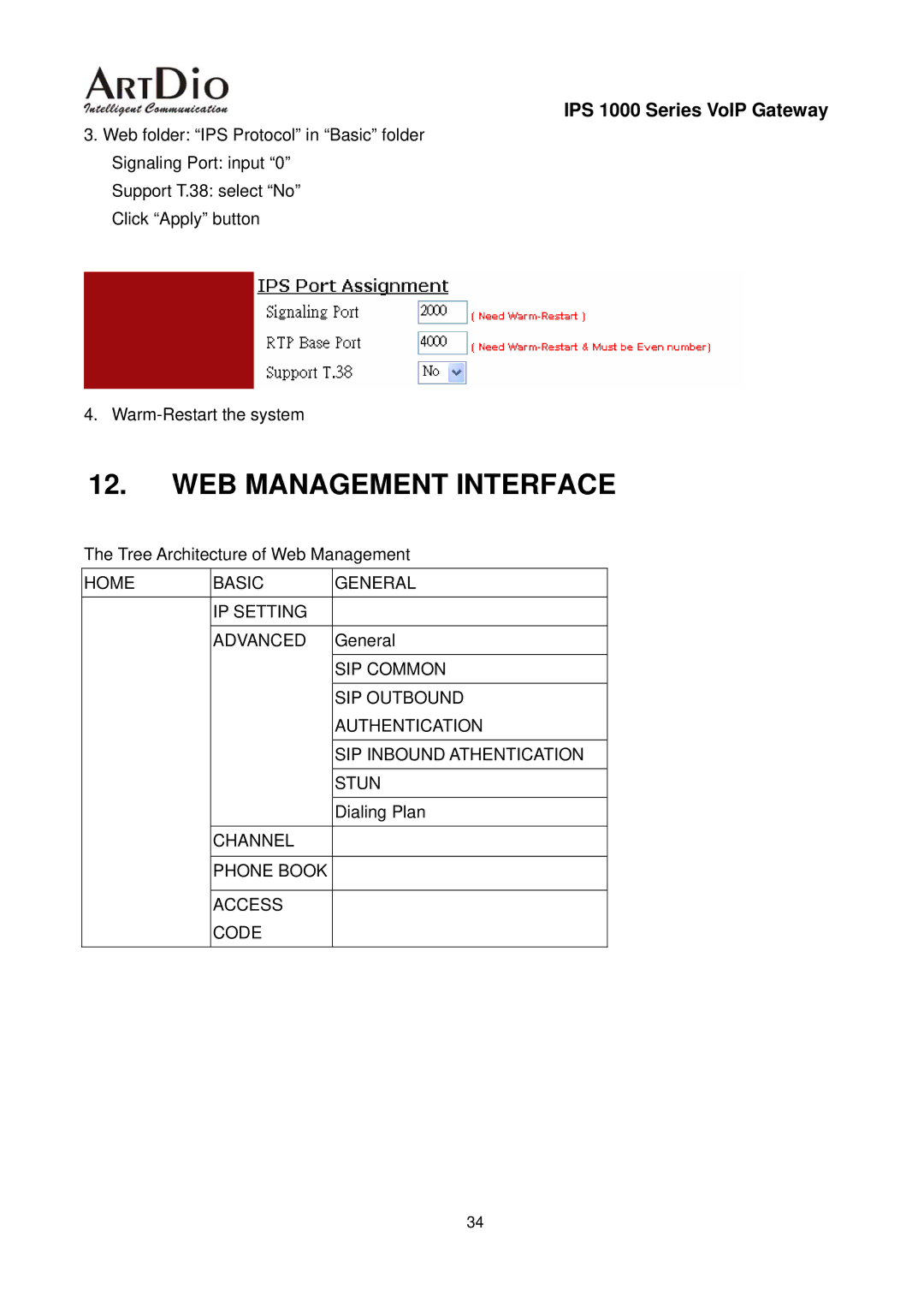 ArtDio IPS 1000 user manual Home Basic General IP Setting Advanced, SIP Outbound, Authentication, SIP Inbound Athentication 