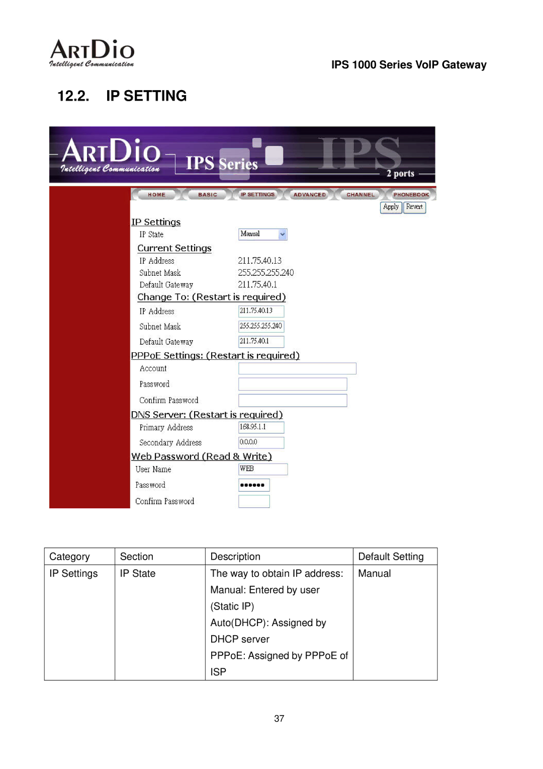 ArtDio IPS 1000 user manual IP Setting, Isp 