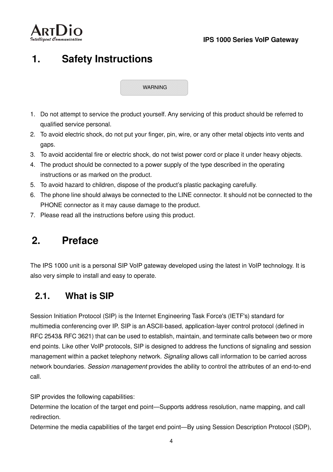 ArtDio IPS 1000 user manual Safety Instructions, Preface, What is SIP 