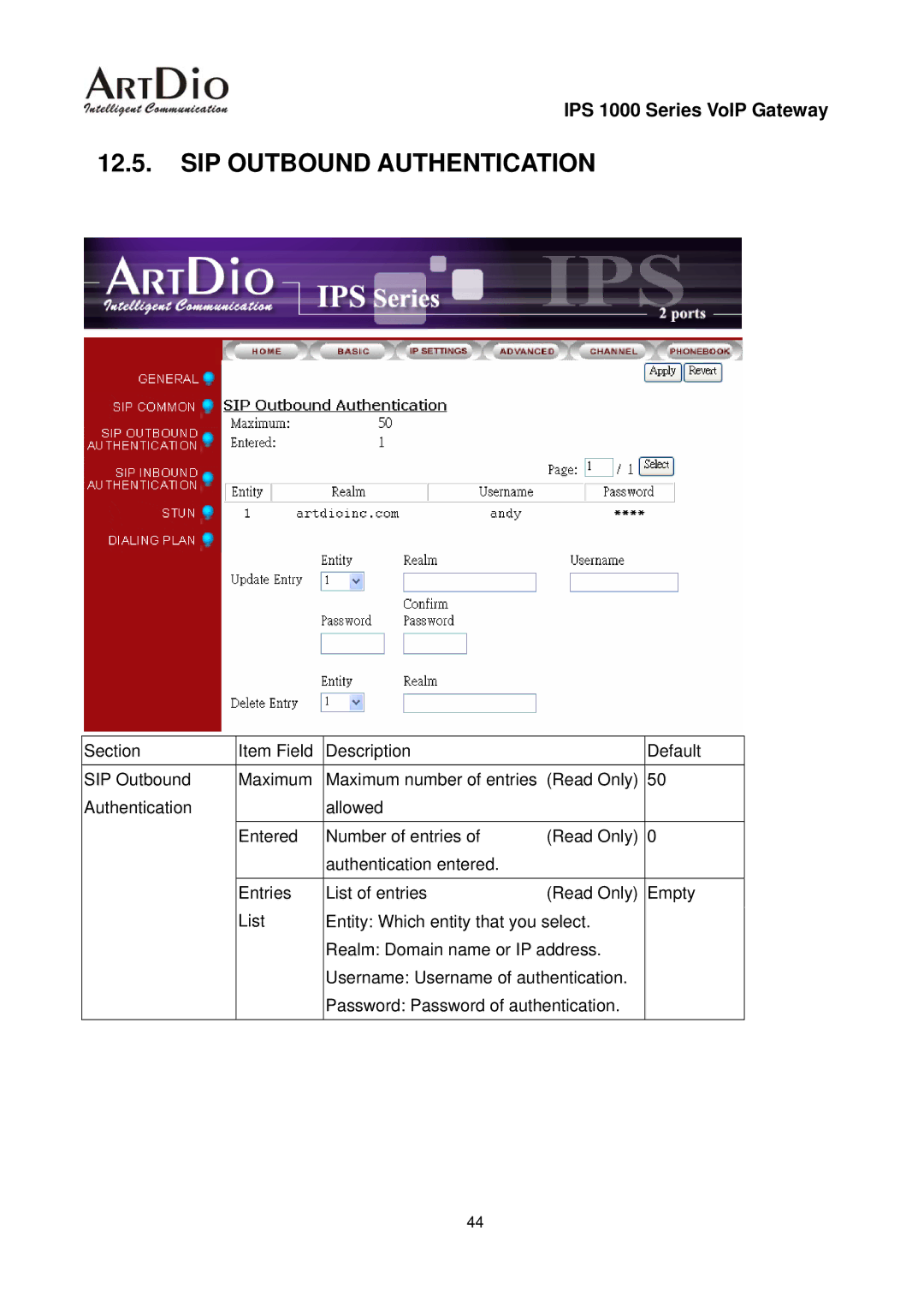 ArtDio IPS 1000 user manual SIP Outbound Authentication 