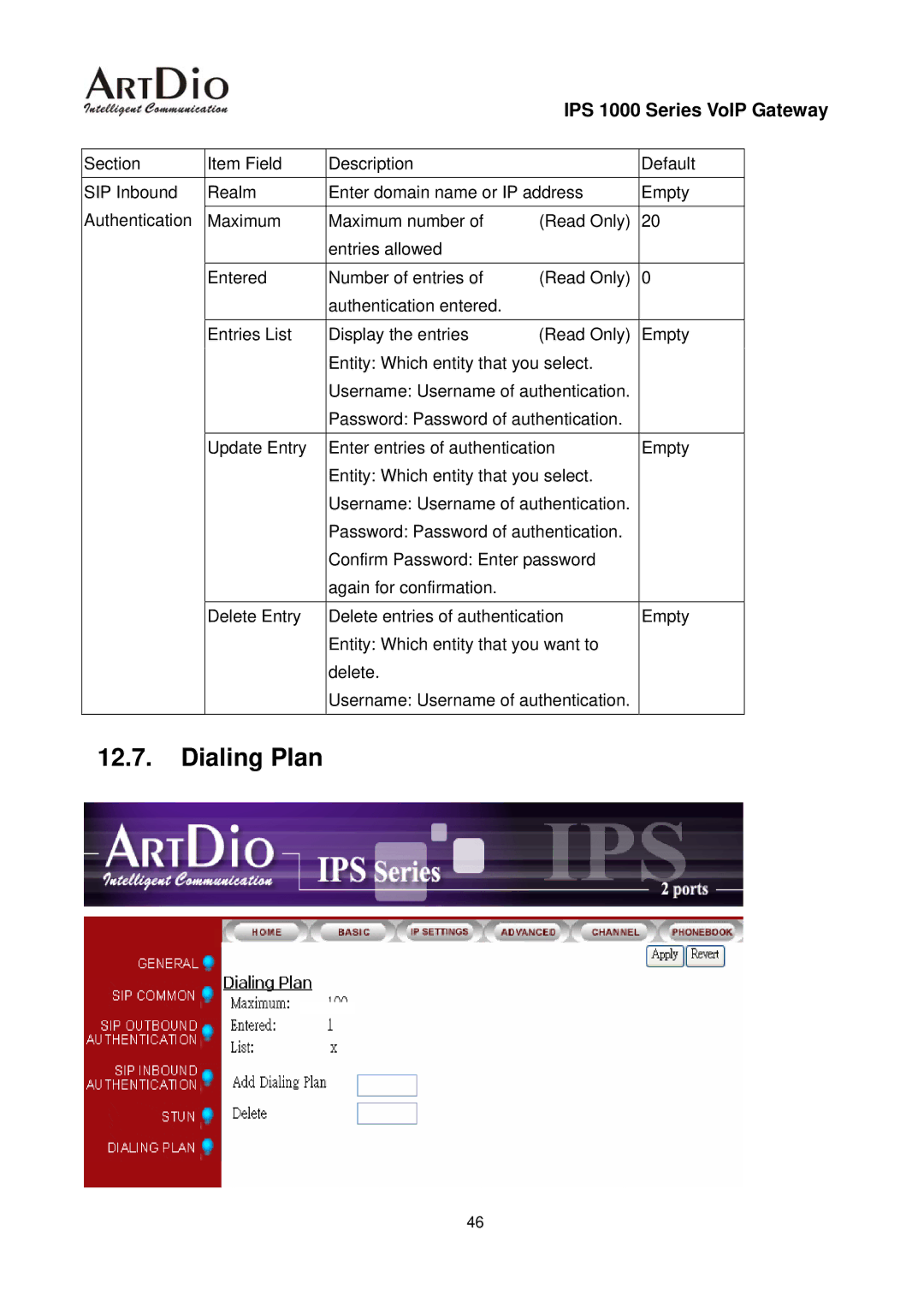 ArtDio IPS 1000 user manual Dialing Plan 