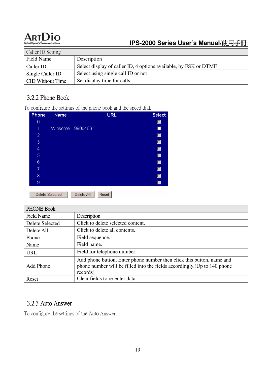 ArtDio IPS-2000 user manual Auto Answer, Phone Book Field Name Description 