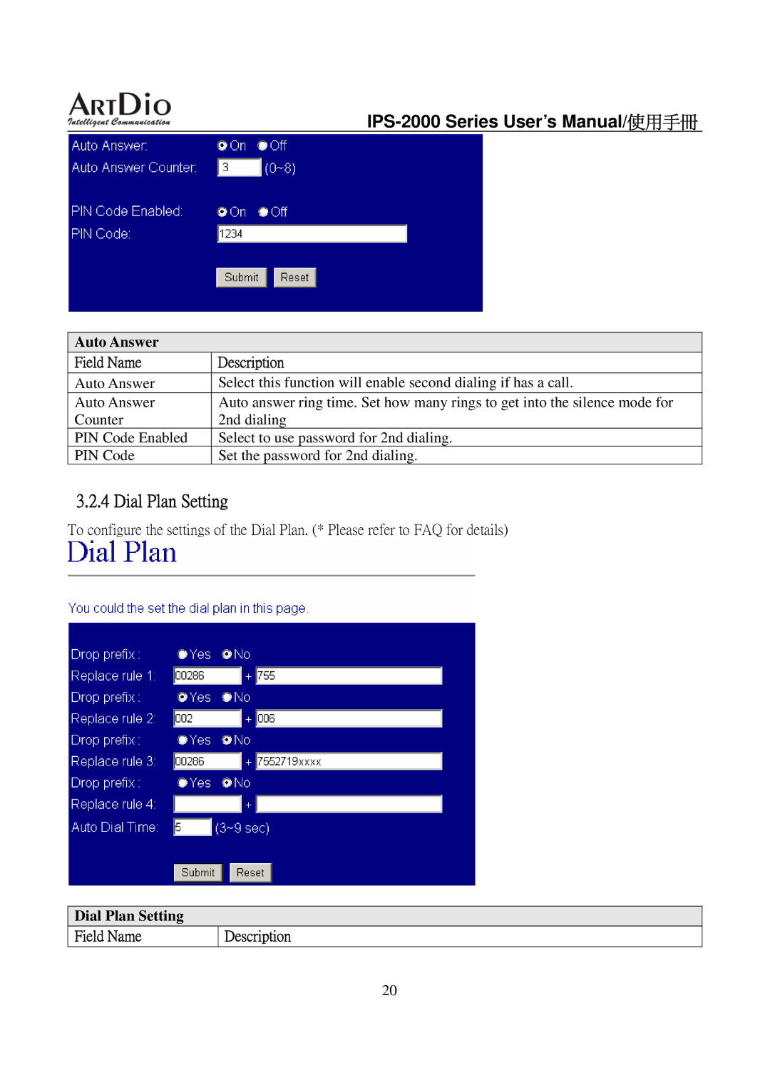 ArtDio IPS-2000 user manual Dial Plan Setting, Field Name Description 