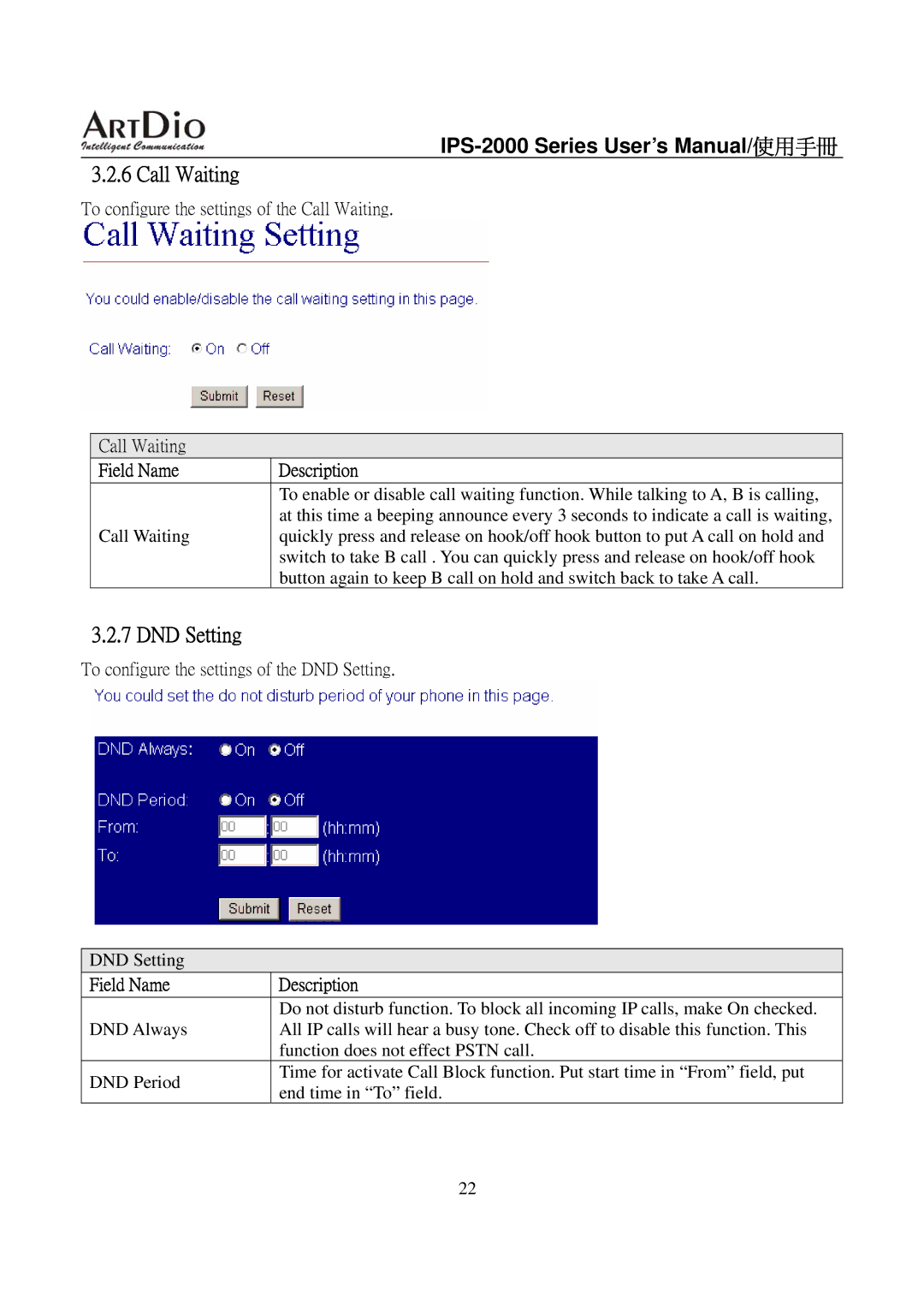 ArtDio IPS-2000 user manual Call Waiting, DND Setting 