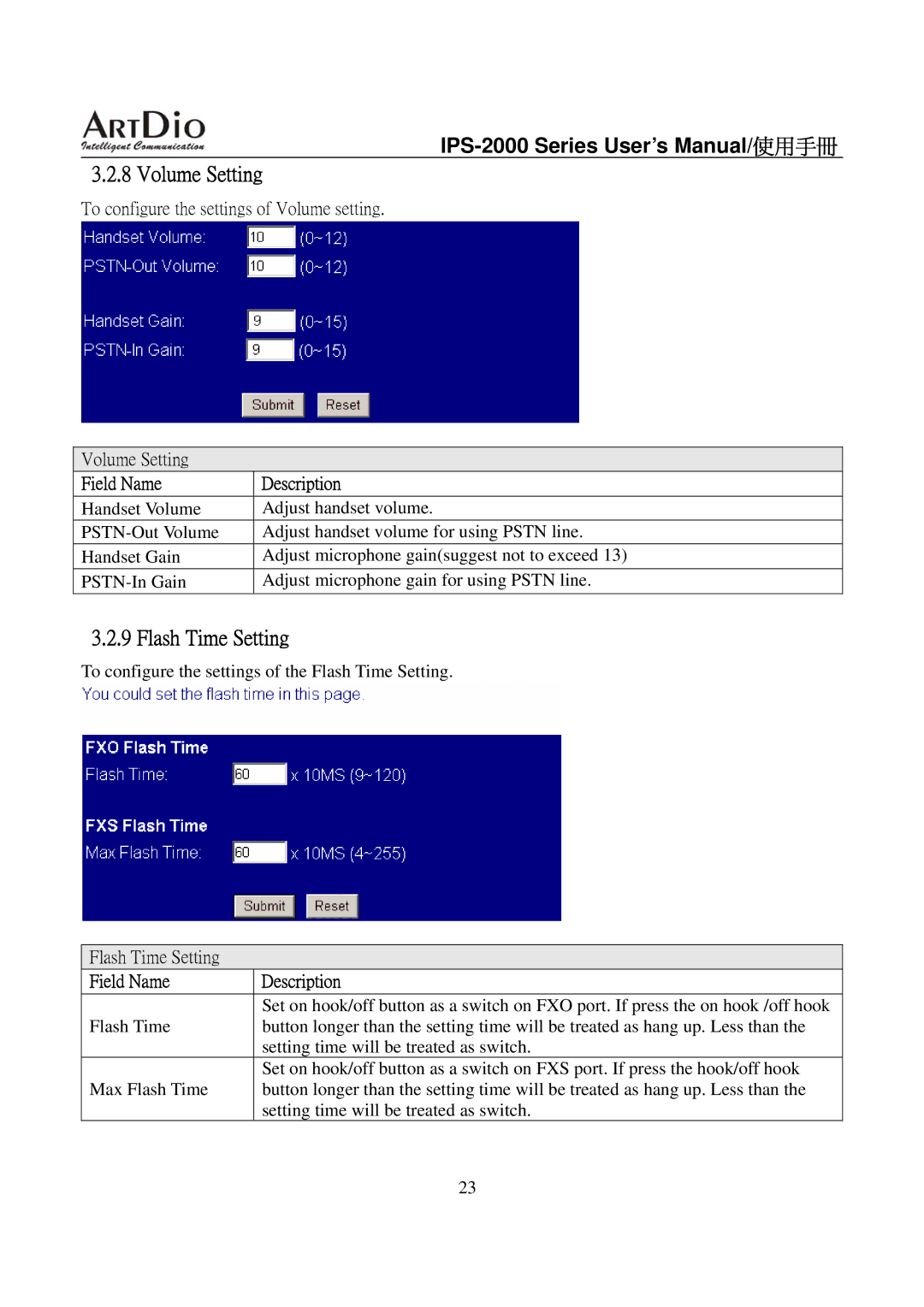 ArtDio IPS-2000 user manual Volume Setting, Flash Time Setting 