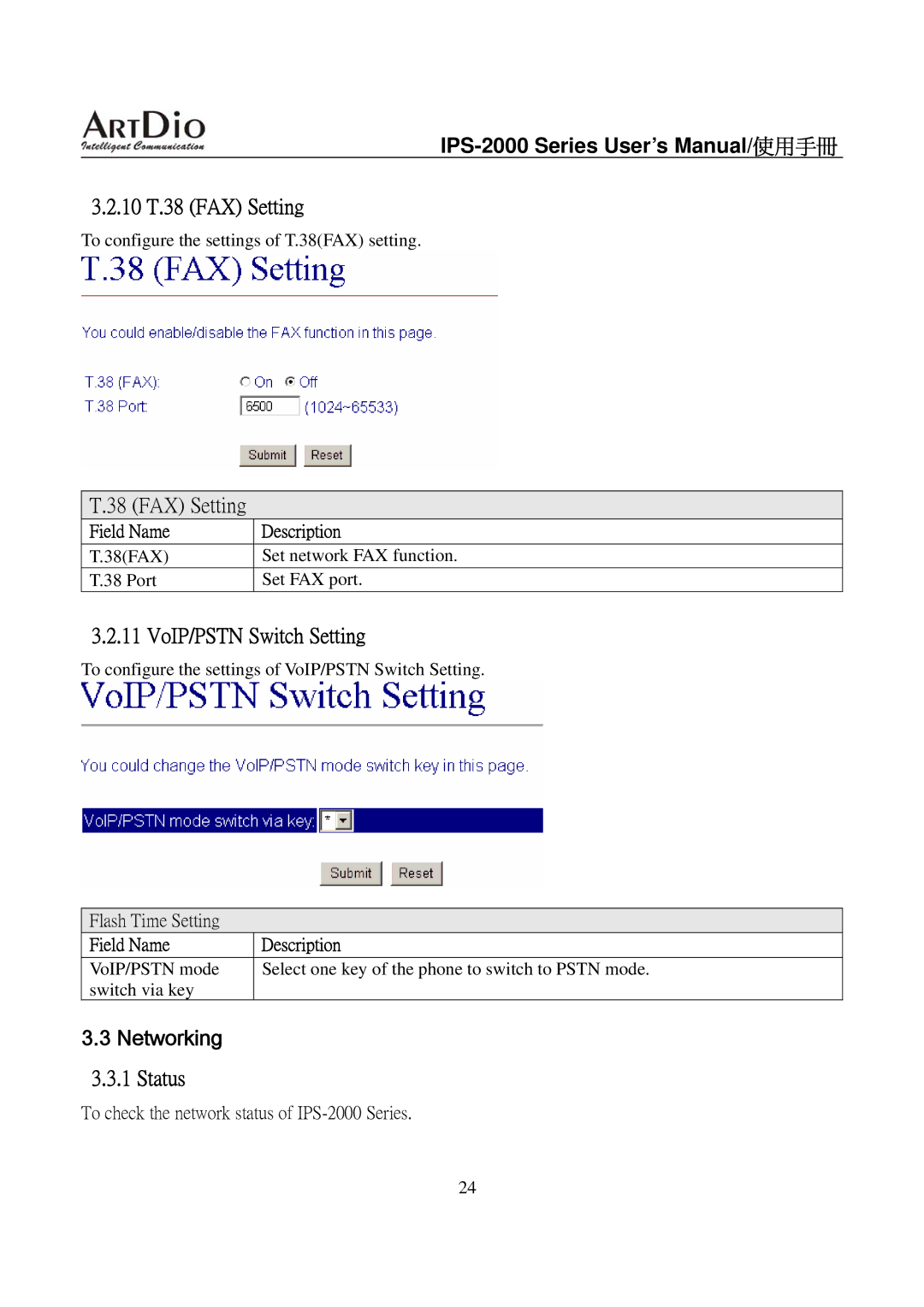 ArtDio IPS-2000 user manual 10 T.38 FAX Setting, VoIP/PSTN Switch Setting, Networking, Status 