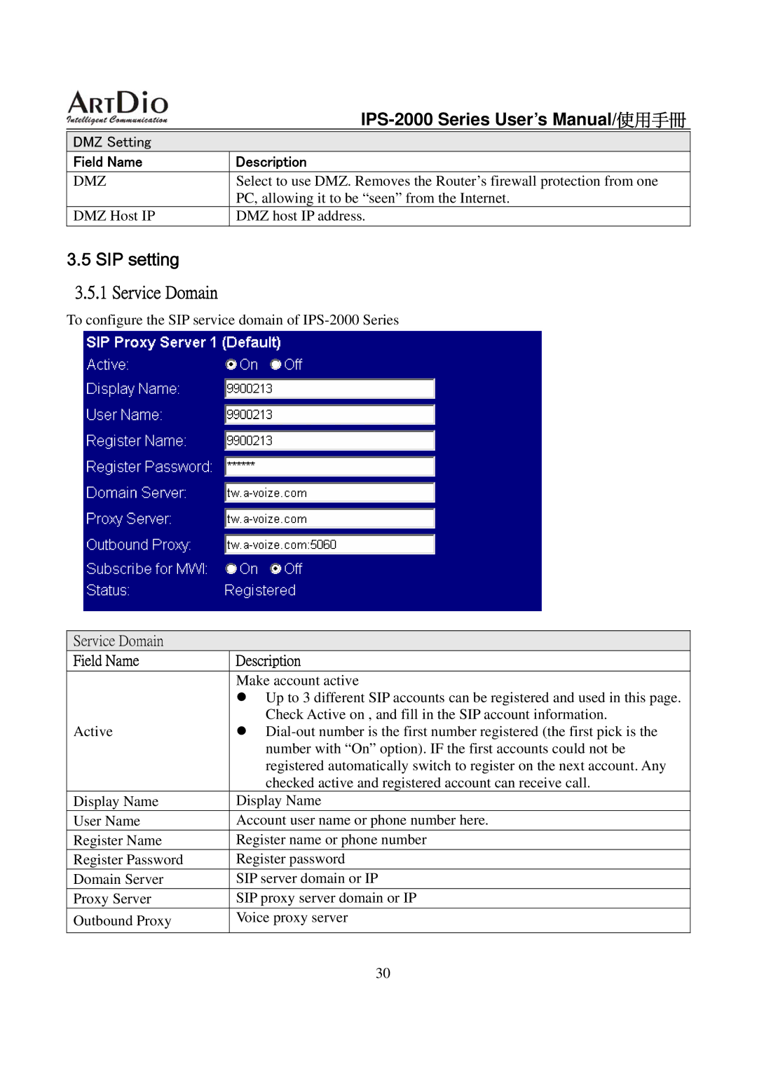 ArtDio IPS-2000 user manual SIP setting, Service Domain 