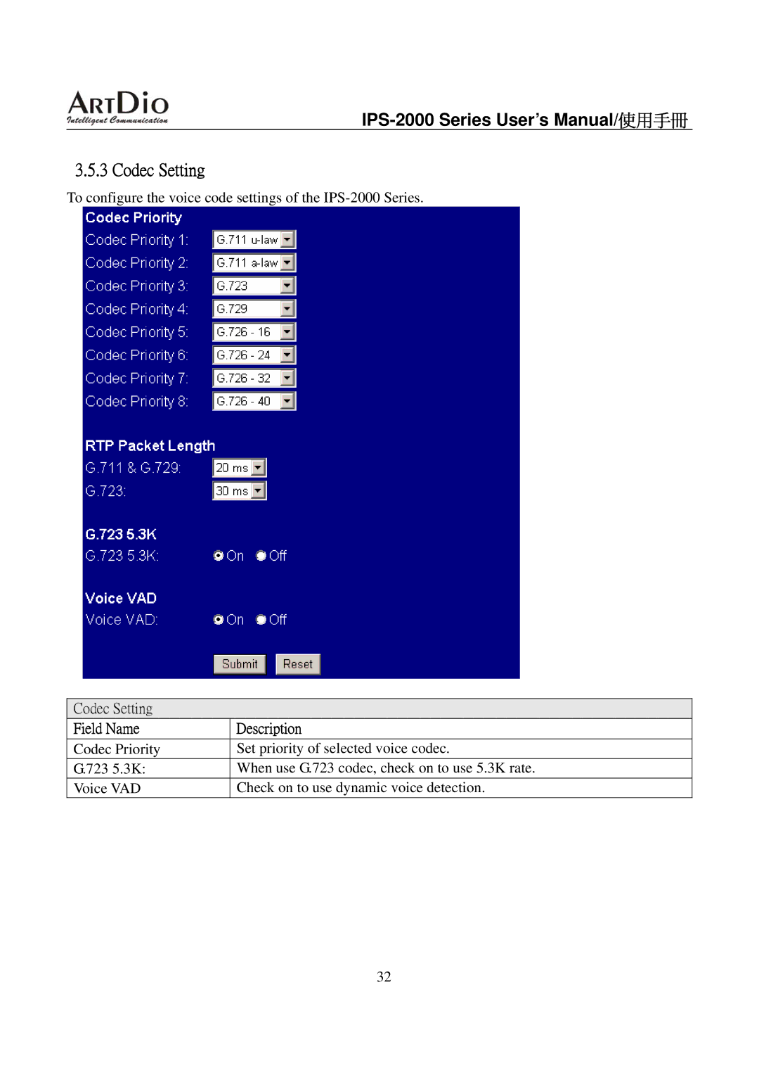 ArtDio IPS-2000 user manual Codec Setting 