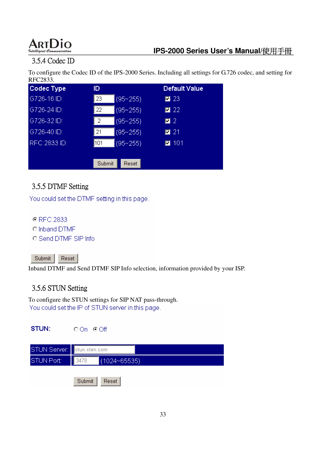 ArtDio IPS-2000 user manual Codec ID, Dtmf Setting, Stun Setting 