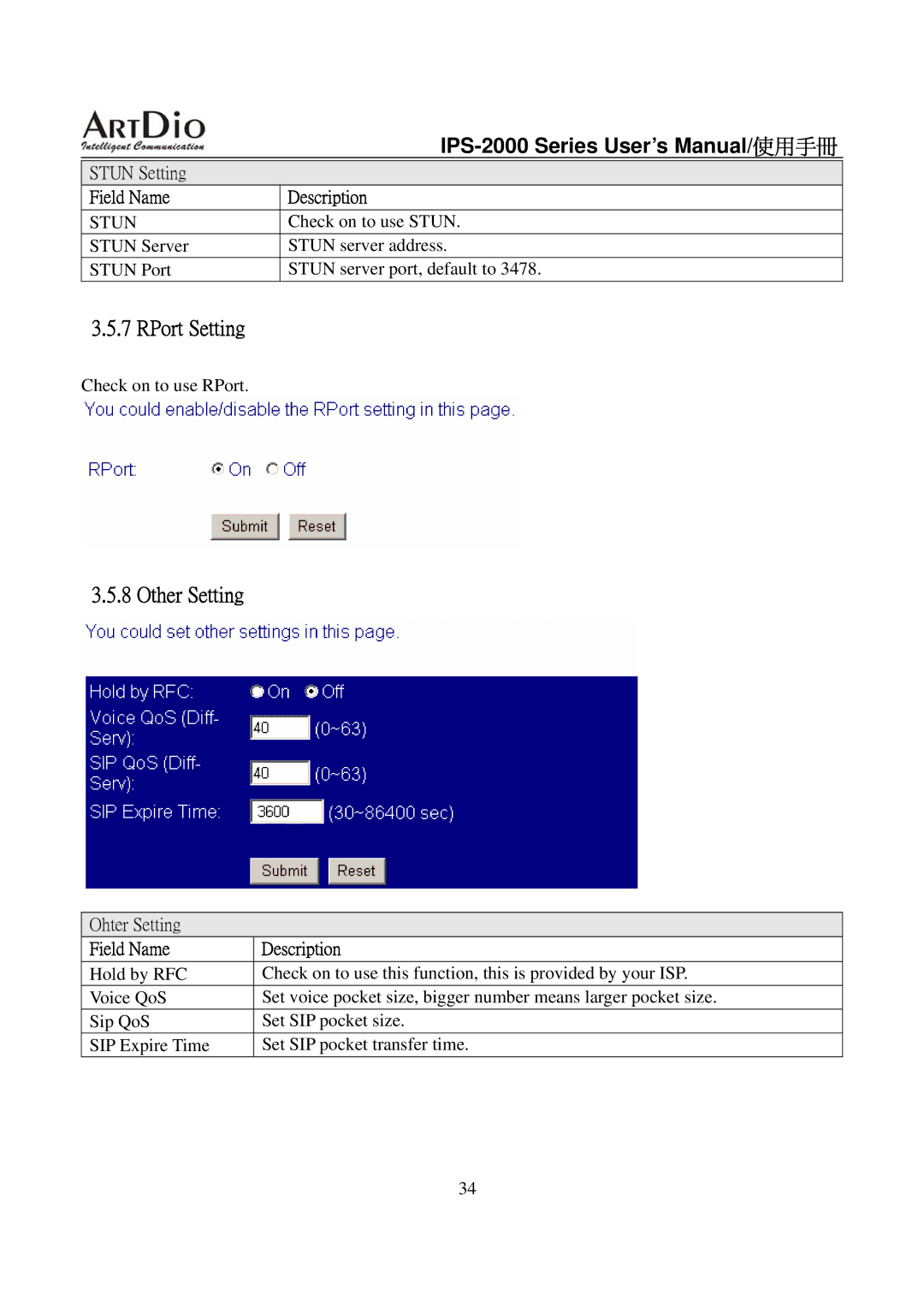 ArtDio IPS-2000 user manual RPort Setting, Other Setting 