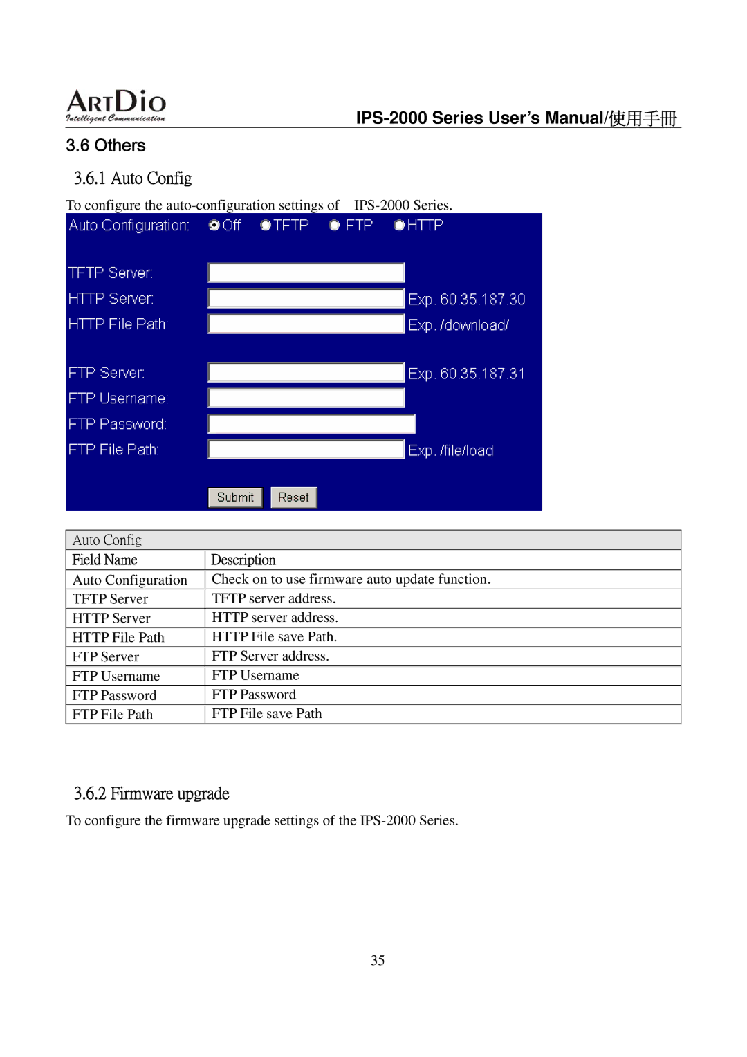 ArtDio user manual IPS-2000 Series User’s Manual/使用手冊 Others, Auto Config, Firmware upgrade 