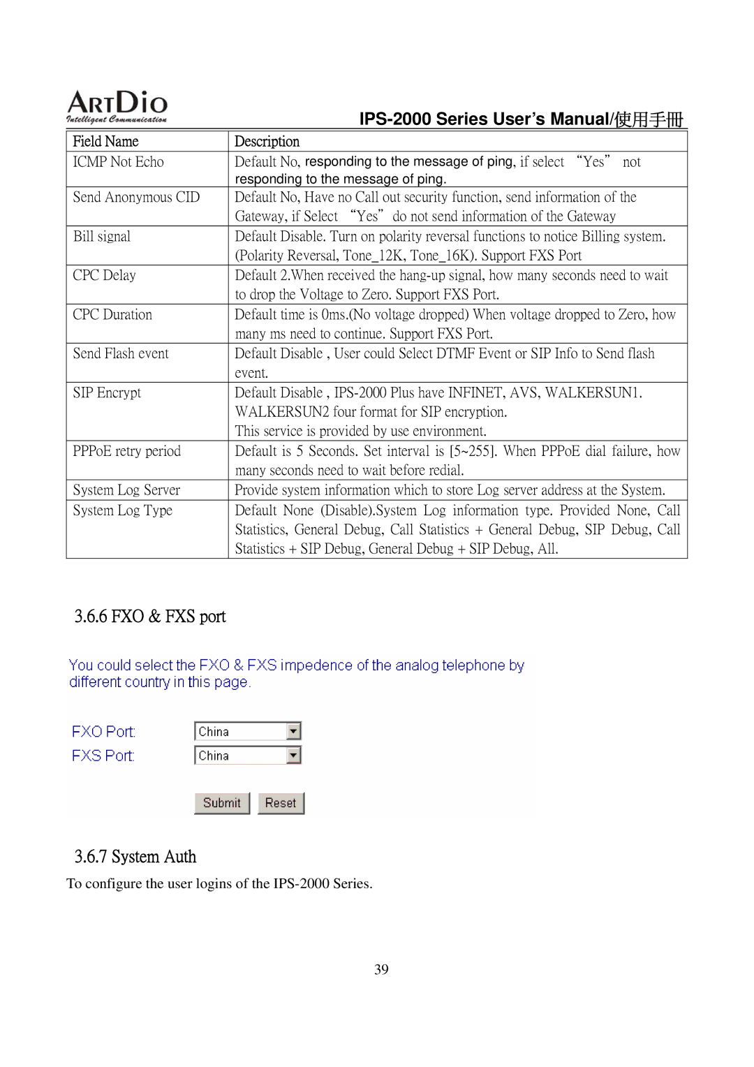 ArtDio IPS-2000 user manual FXO & FXS port System Auth 