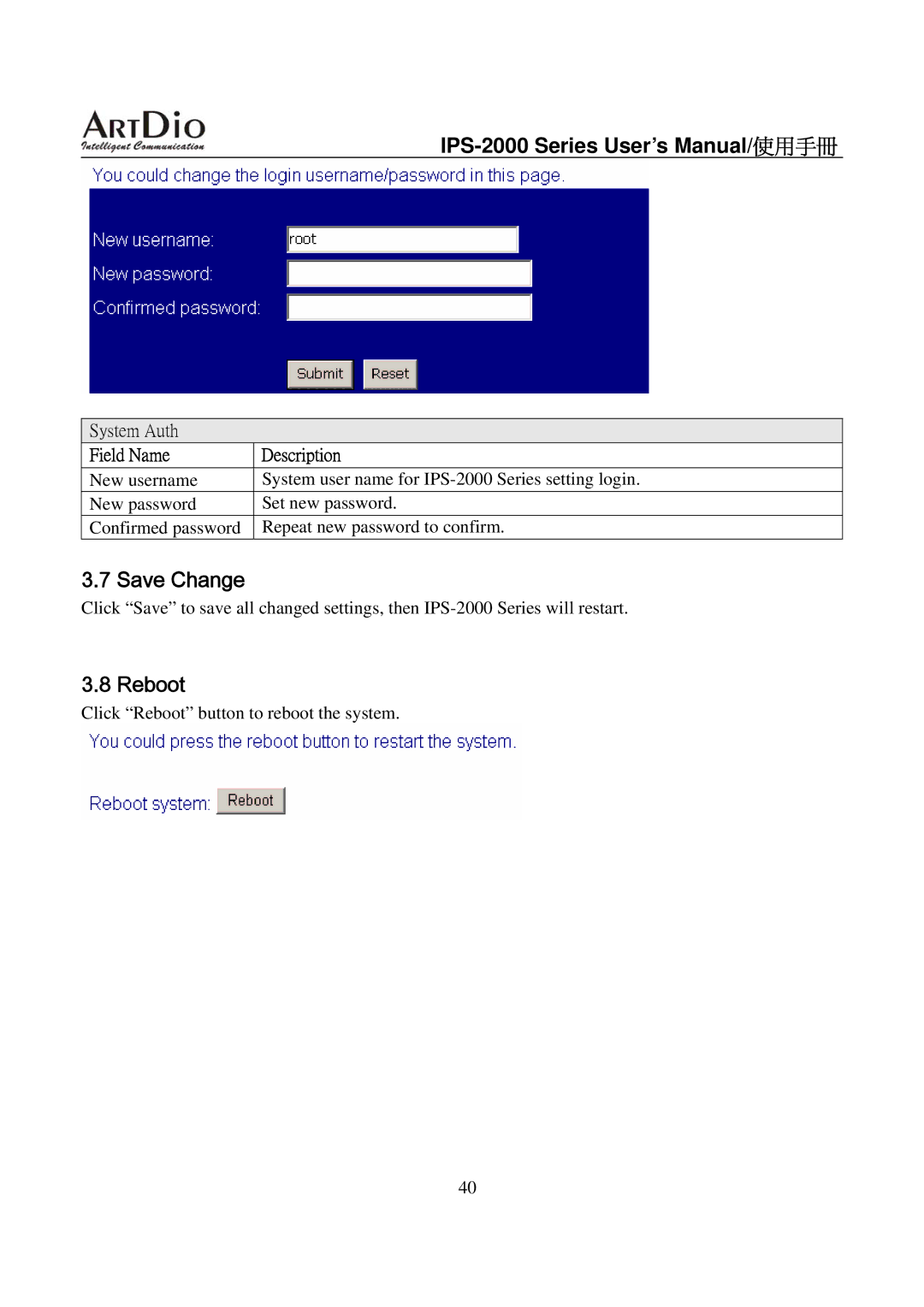 ArtDio IPS-2000 user manual Save Change, Reboot 