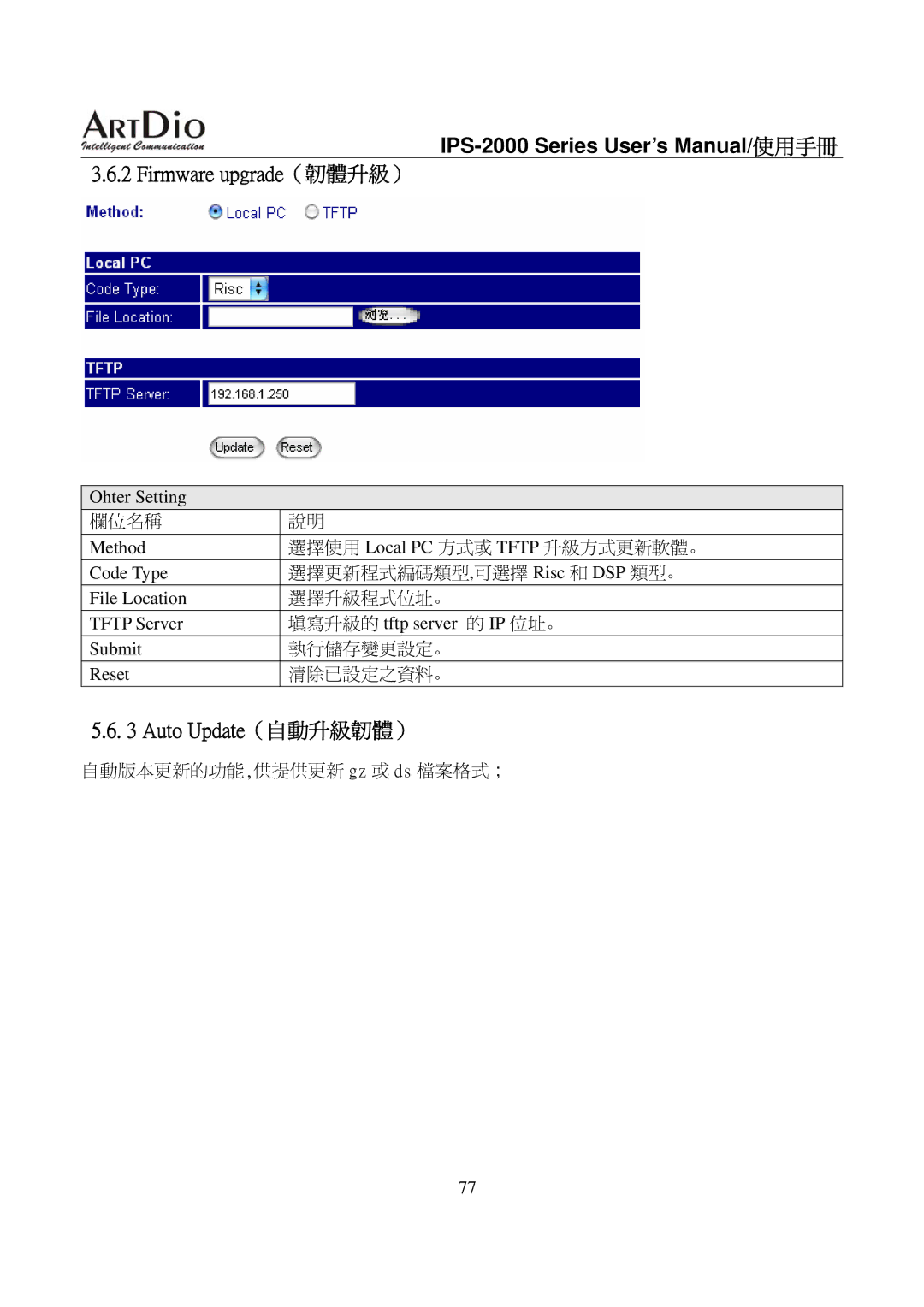 ArtDio IPS-2000 user manual Firmware upgrade（韌體升級）, Auto Update（自動升級韌體） 