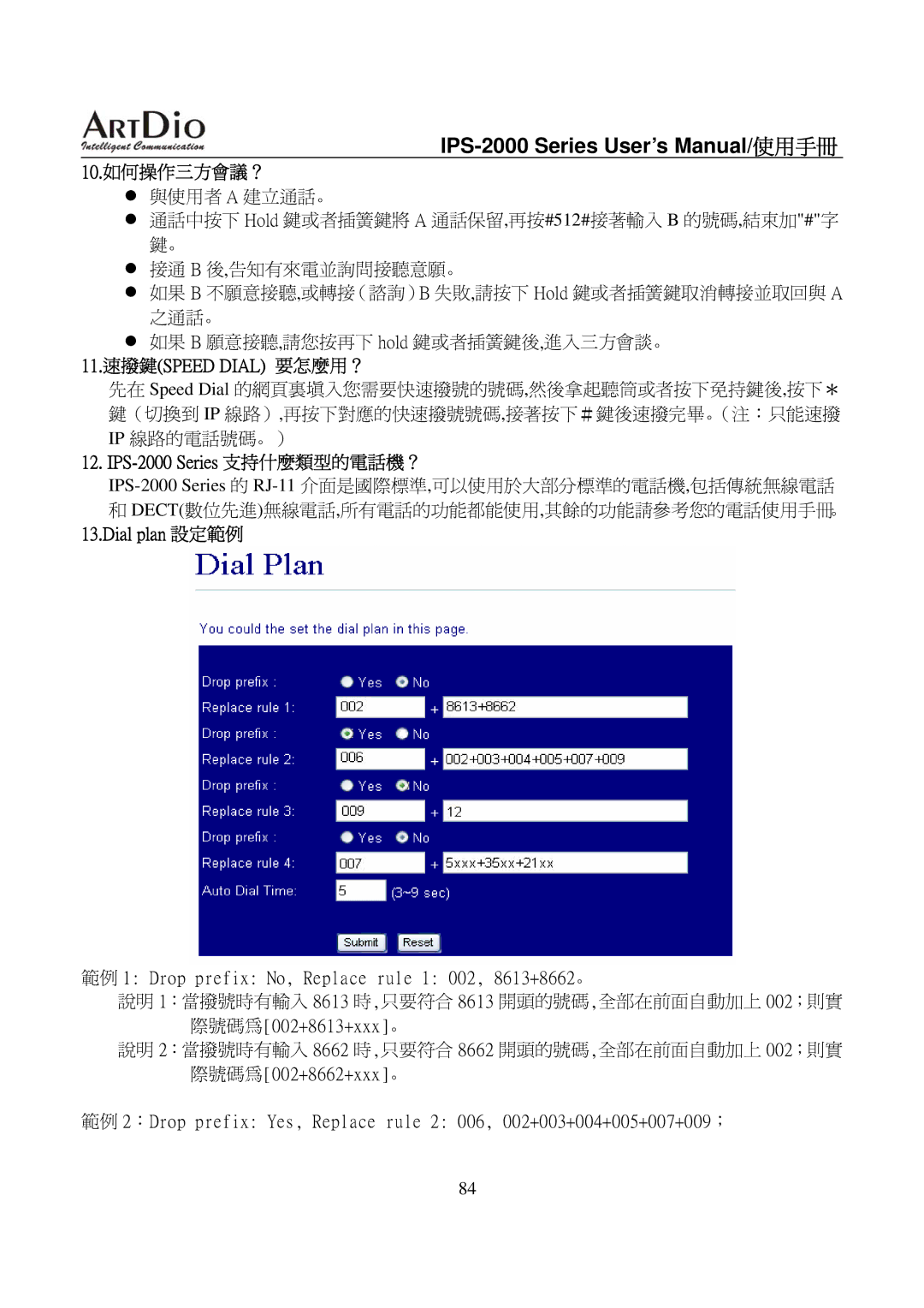 ArtDio user manual 10.如何操作三方會議？, 11.速撥鍵SPEED Dial 要怎麼用？, IPS-2000 Series 支持什麼類型的電話機？, Dial plan 設定範例 