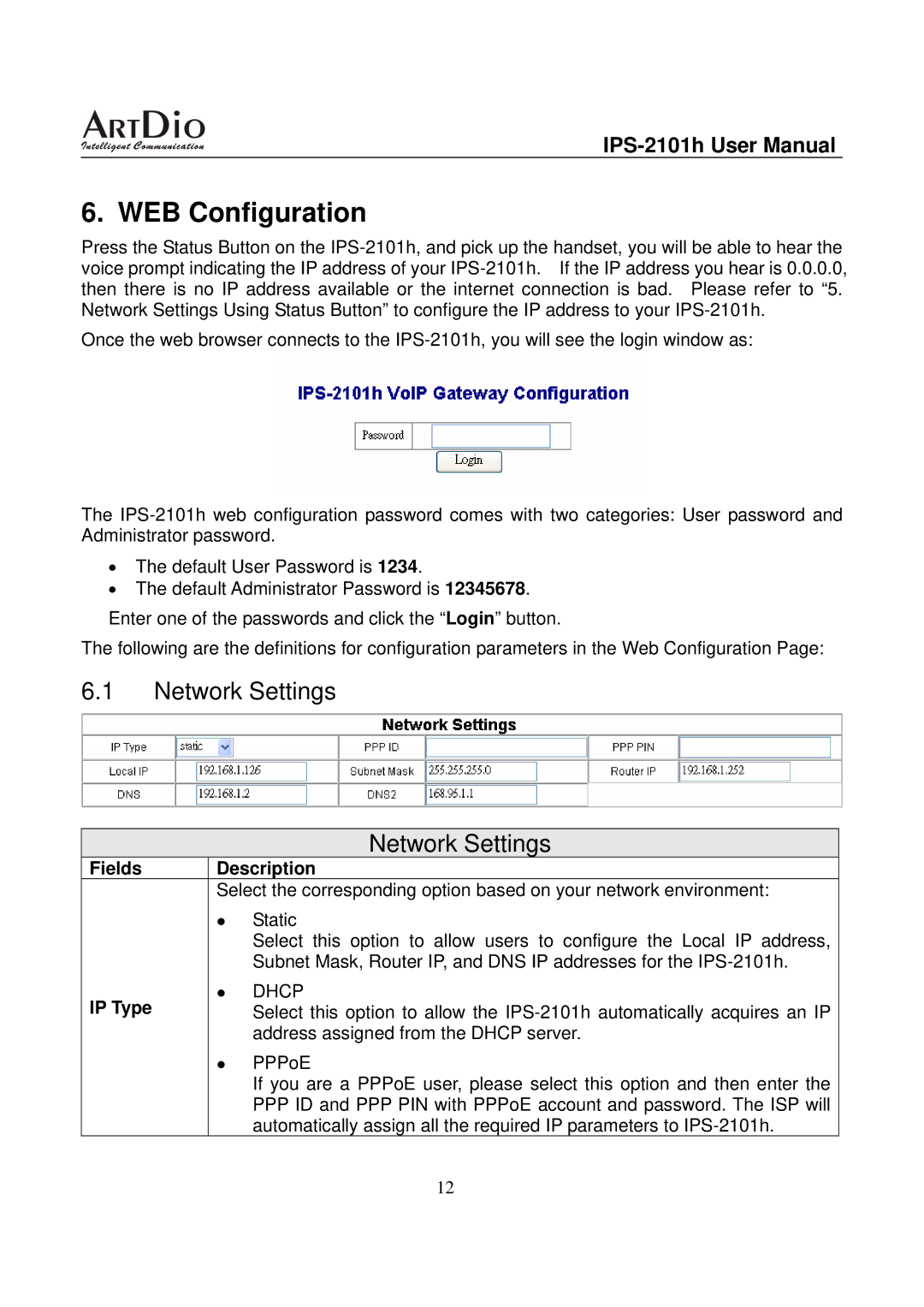 ArtDio IPS-2101h user manual WEB Configuration, Network Settings, Fields Description, IP Type 