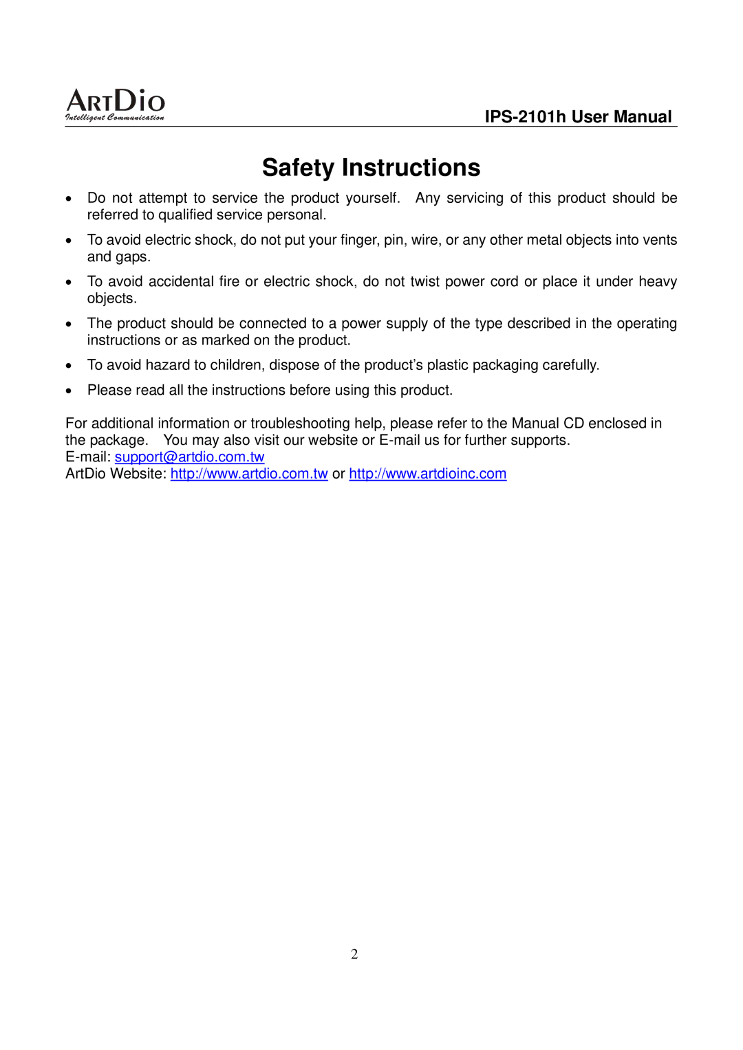 ArtDio IPS-2101h user manual Safety Instructions 