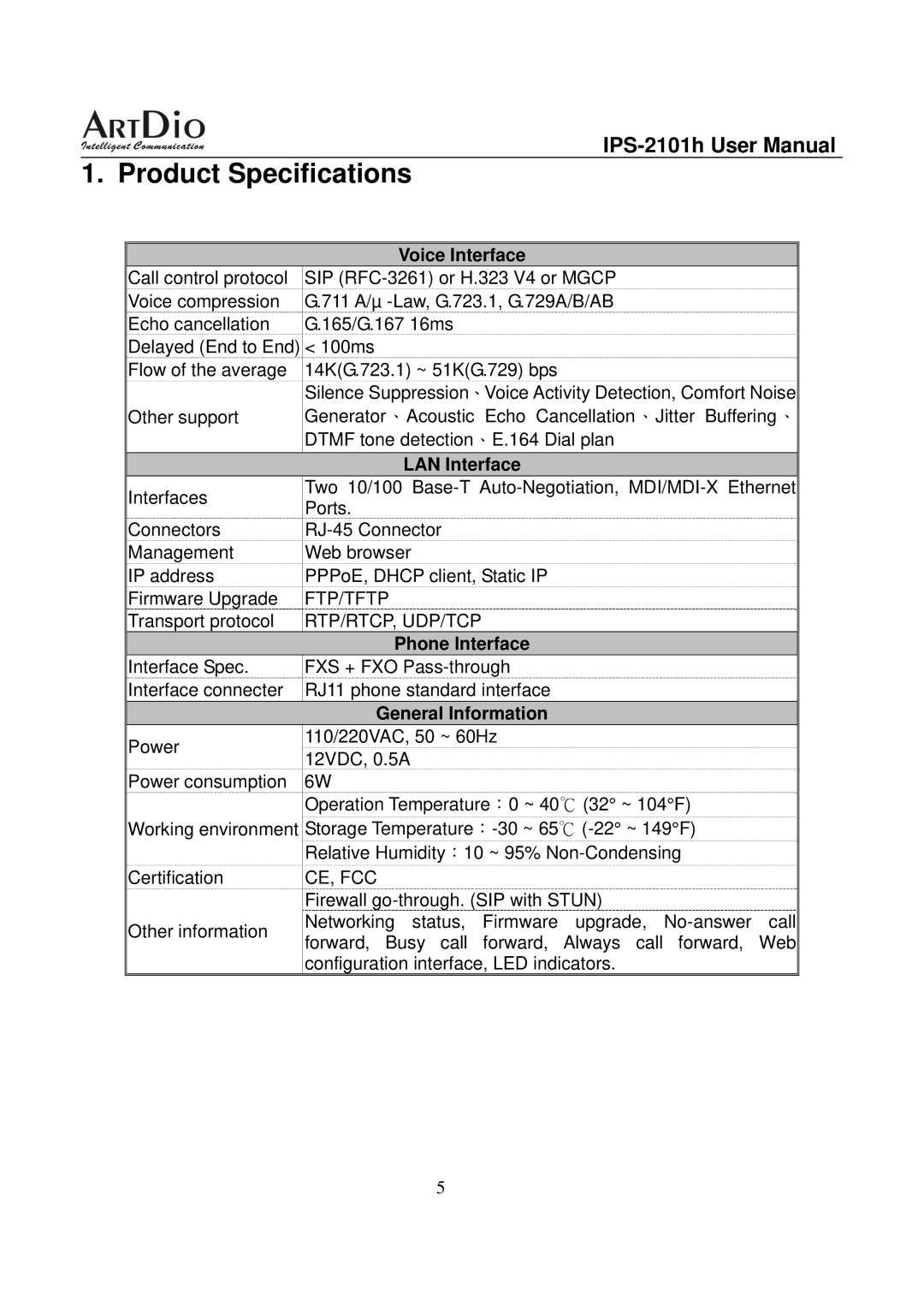 ArtDio IPS-2101h user manual Product Specifications, Voice Interface, LAN Interface, Phone Interface, General Information 