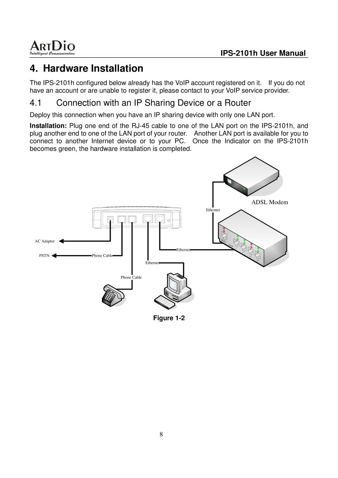 ArtDio IPS-2101h user manual Hardware Installation, Connection with an IP Sharing Device or a Router 