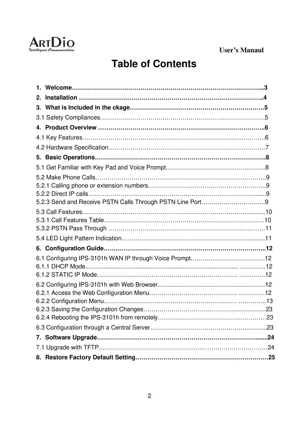 ArtDio IPS-3101h user manual Table of Contents 