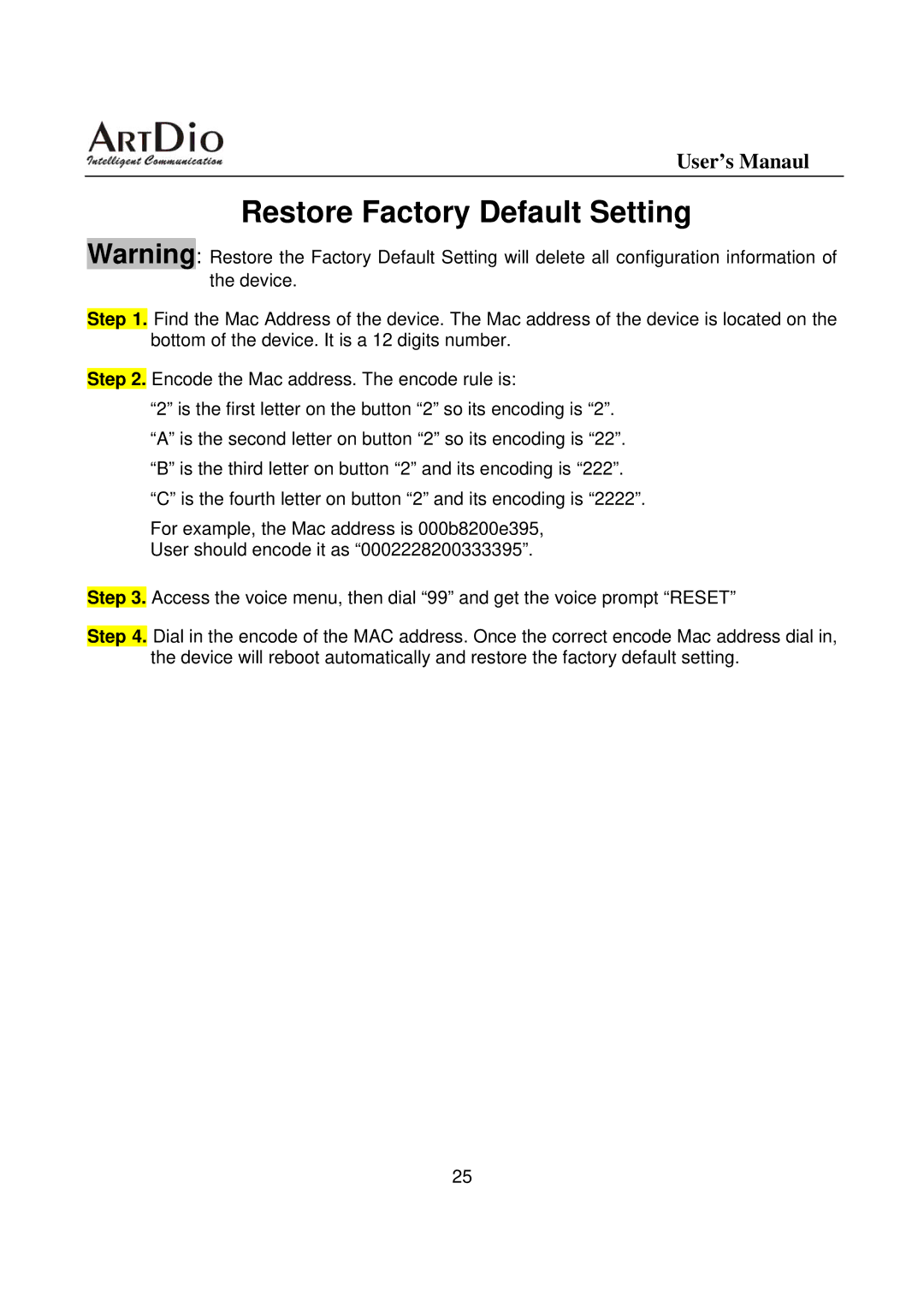 ArtDio IPS-3101h user manual Restore Factory Default Setting 