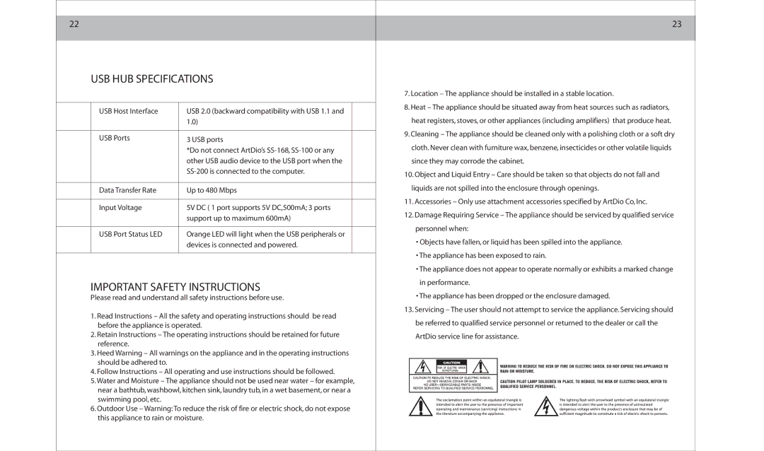 ArtDio SS-200 specifications USB HUB Specifications, Important Safety Instructions 