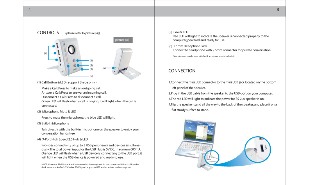 ArtDio SS-200 specifications Connection, Picture a 