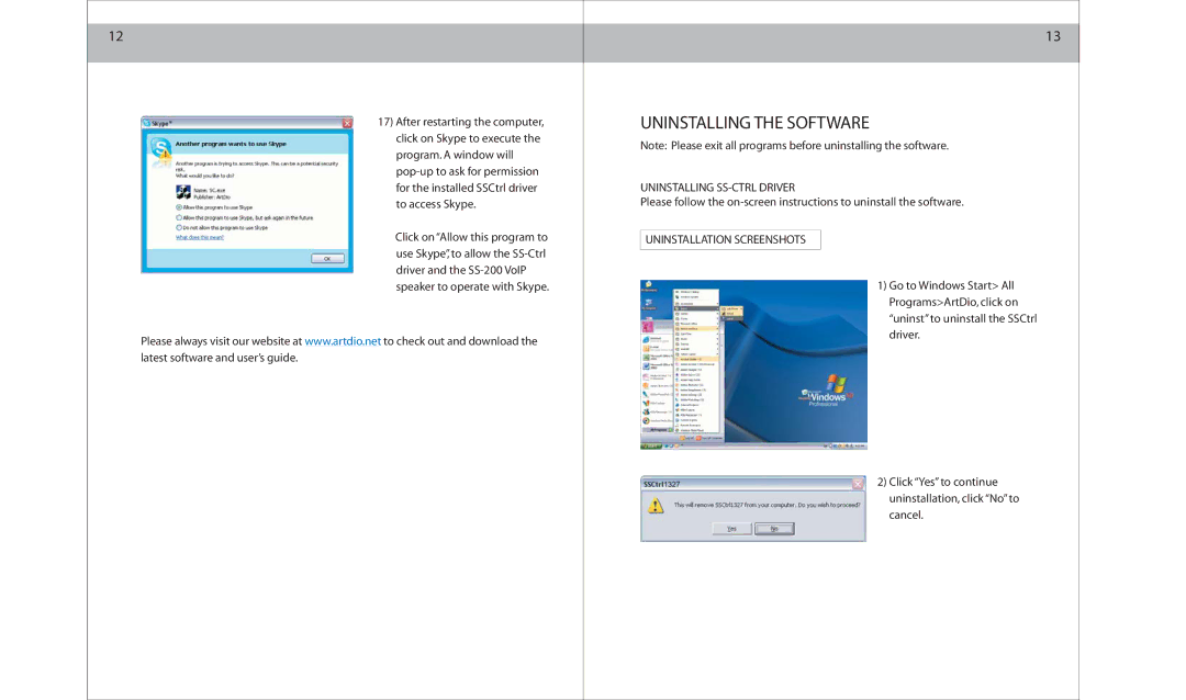 ArtDio SS-200 specifications Uninstalling the Software, Uninstallation Screenshots 