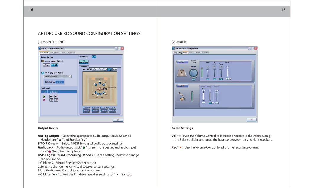 ArtDio SS-200 specifications Artdio USB 3D Sound Configuration Settings, Main Setting, Mixer 