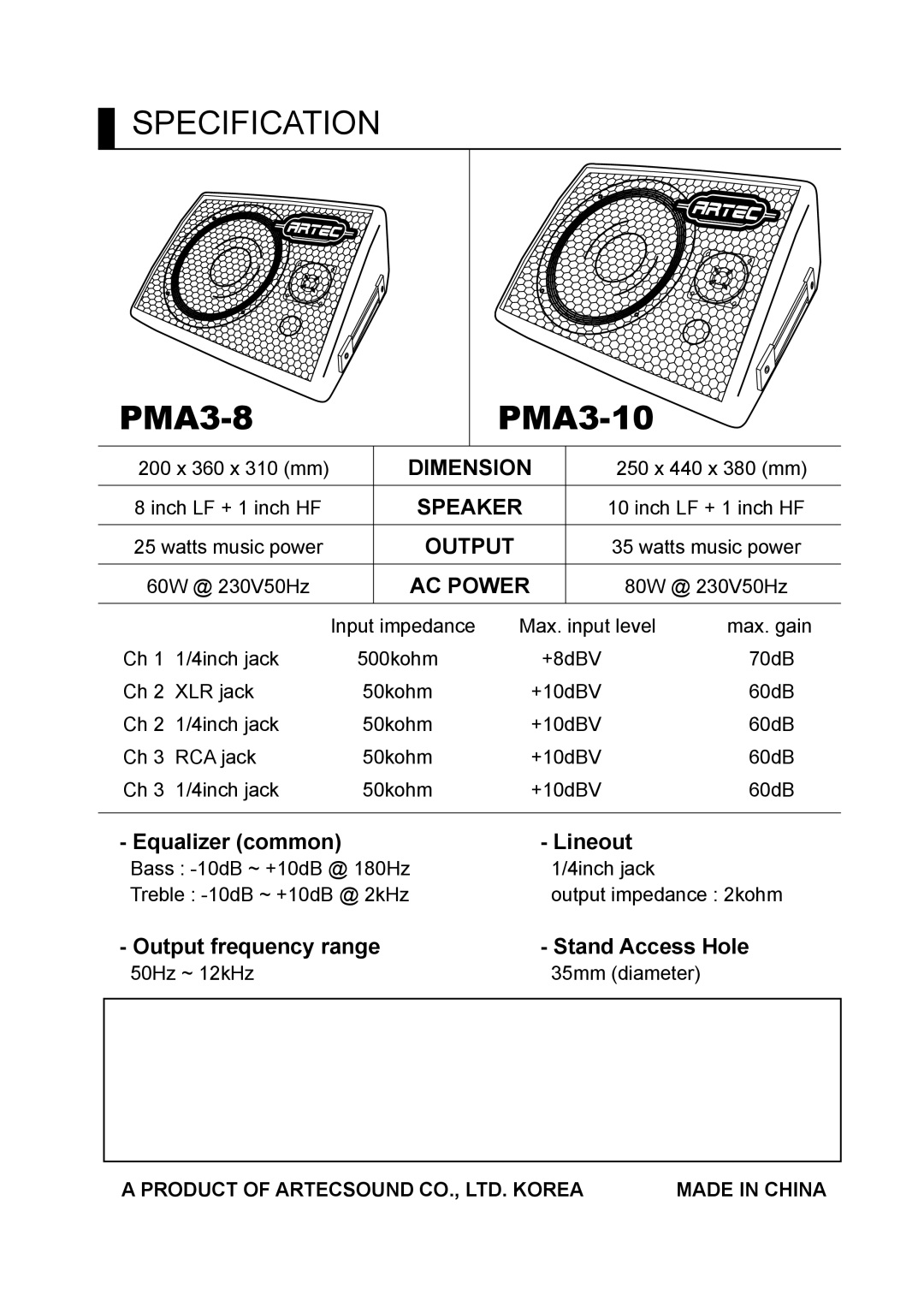 Artech USA PMA3-10, PMA3-8 manual Specification, AC Power 