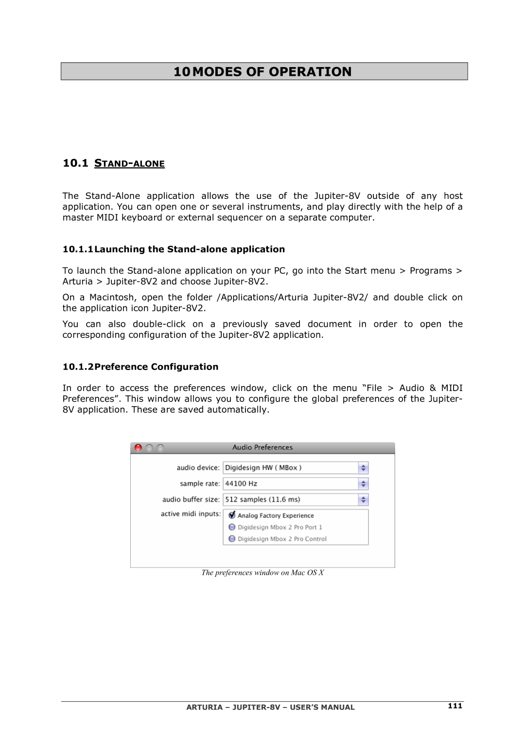 Arturia manual Stand-Alone, 10.1.1Launching the Stand-alone application, 10.1.2Preference Configuration 