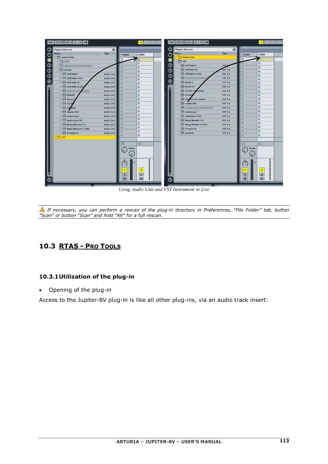 Arturia 2 manual 10.3.1Utilization of the plug-in, Using Audio Unit and VST Instrument in Live 