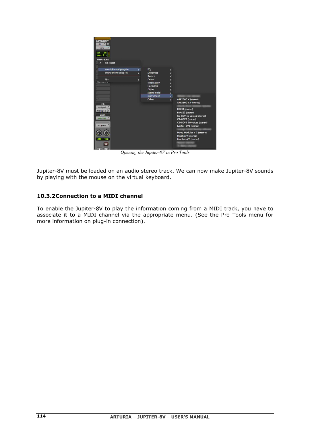 Arturia manual 10.3.2Connection to a Midi channel 