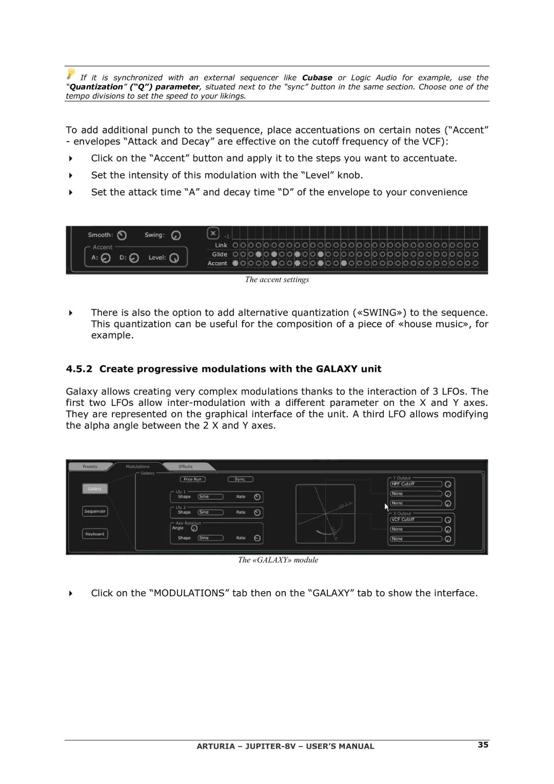 Arturia 2 manual Create progressive modulations with the Galaxy unit 