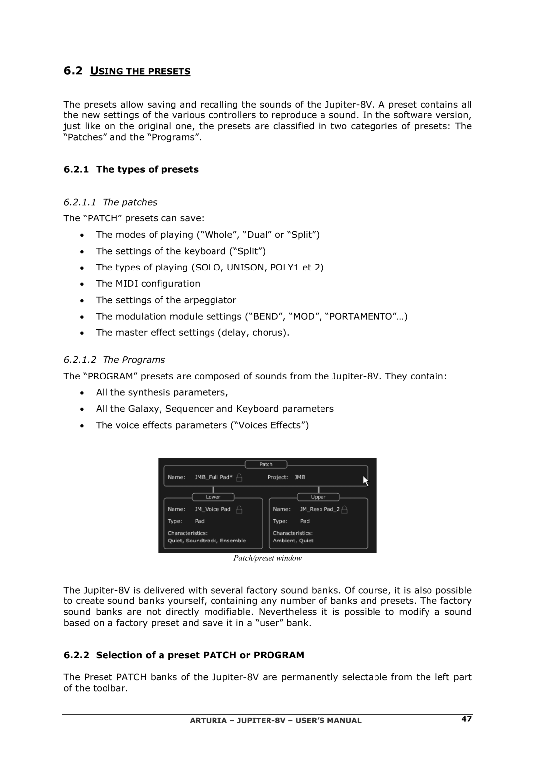 Arturia 2 manual Types of presets, Selection of a preset Patch or Program 