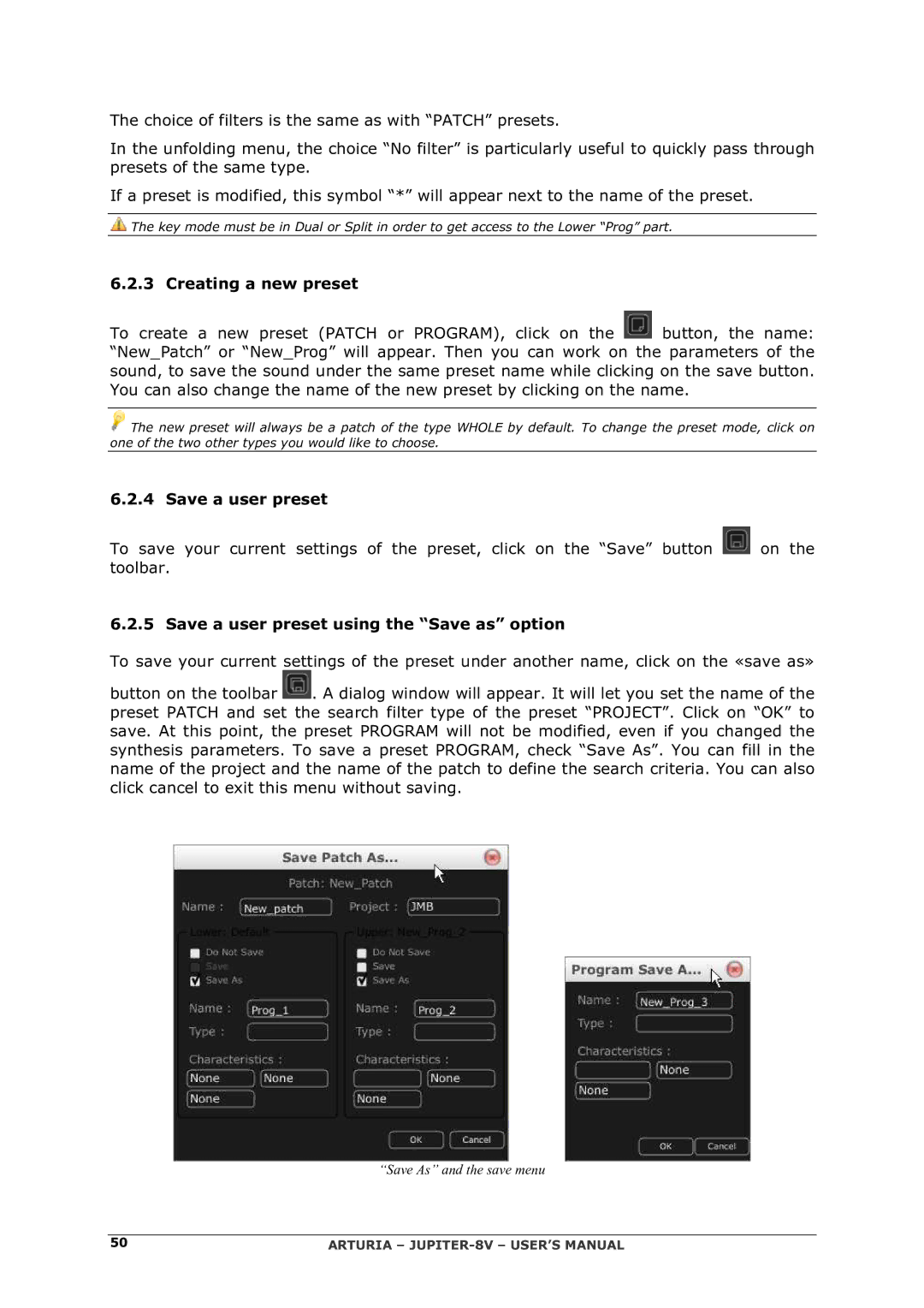 Arturia 2 manual Creating a new preset, Save a user preset using the Save as option 