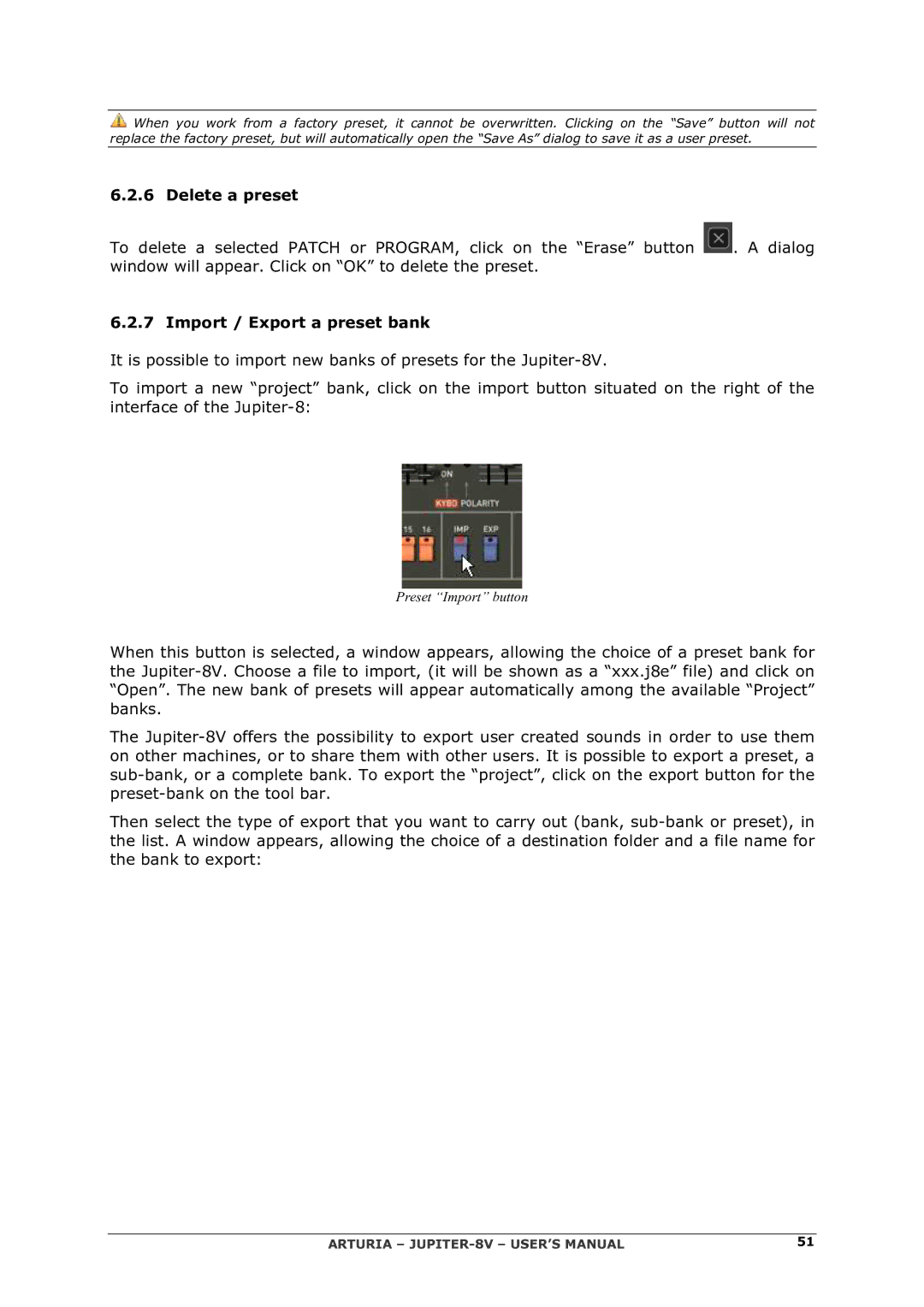 Arturia 2 manual Delete a preset, Import / Export a preset bank 